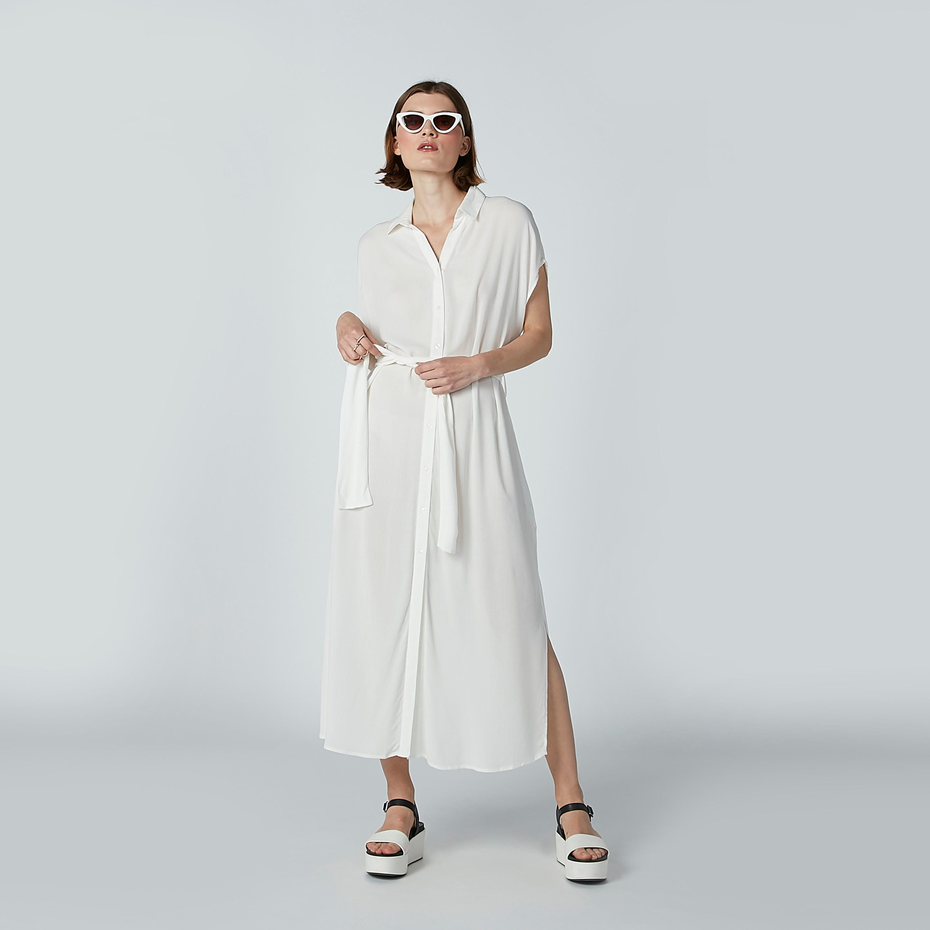 فستان قميص طويل سادة بأكمام كاب وجيوب-women-clothing-dresses-image-4