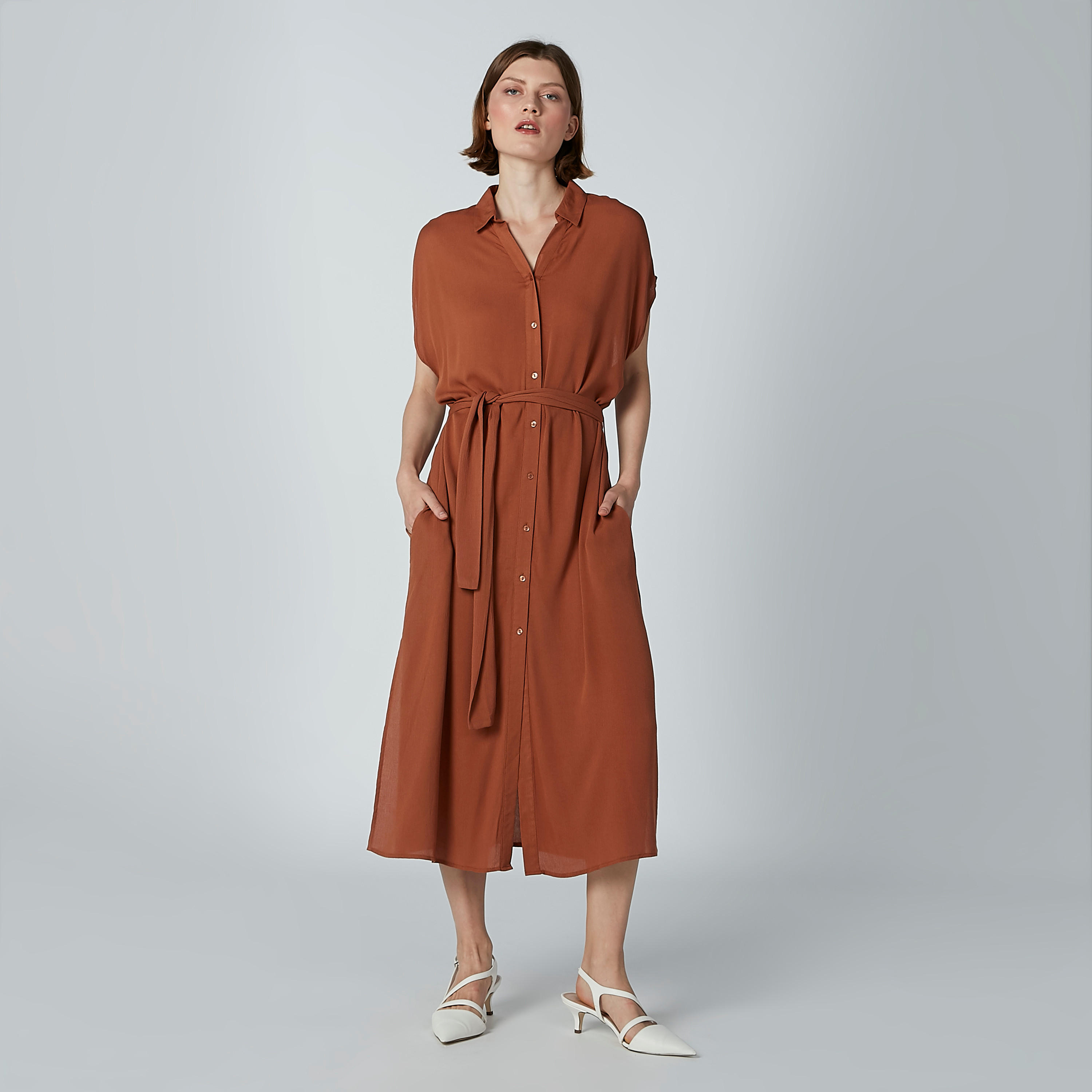 فستان قميص سادة إيه لاين بأكمام كاب وأربطة-women-clothing-dresses-image-1