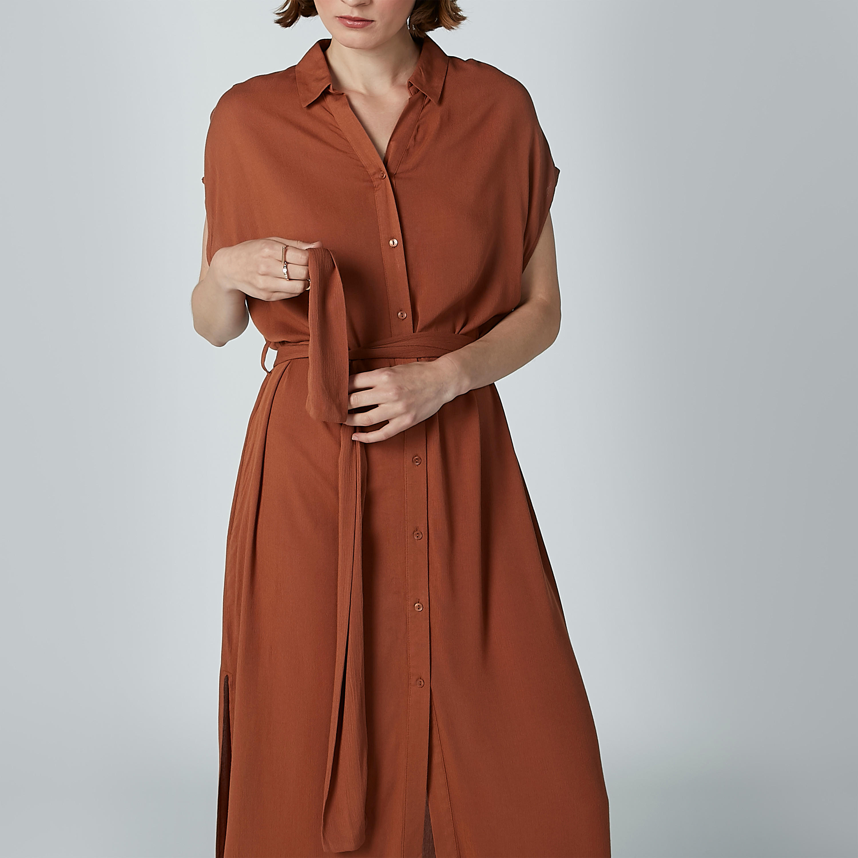 فستان قميص سادة إيه لاين بأكمام كاب وأربطة-women-clothing-dresses-image-3