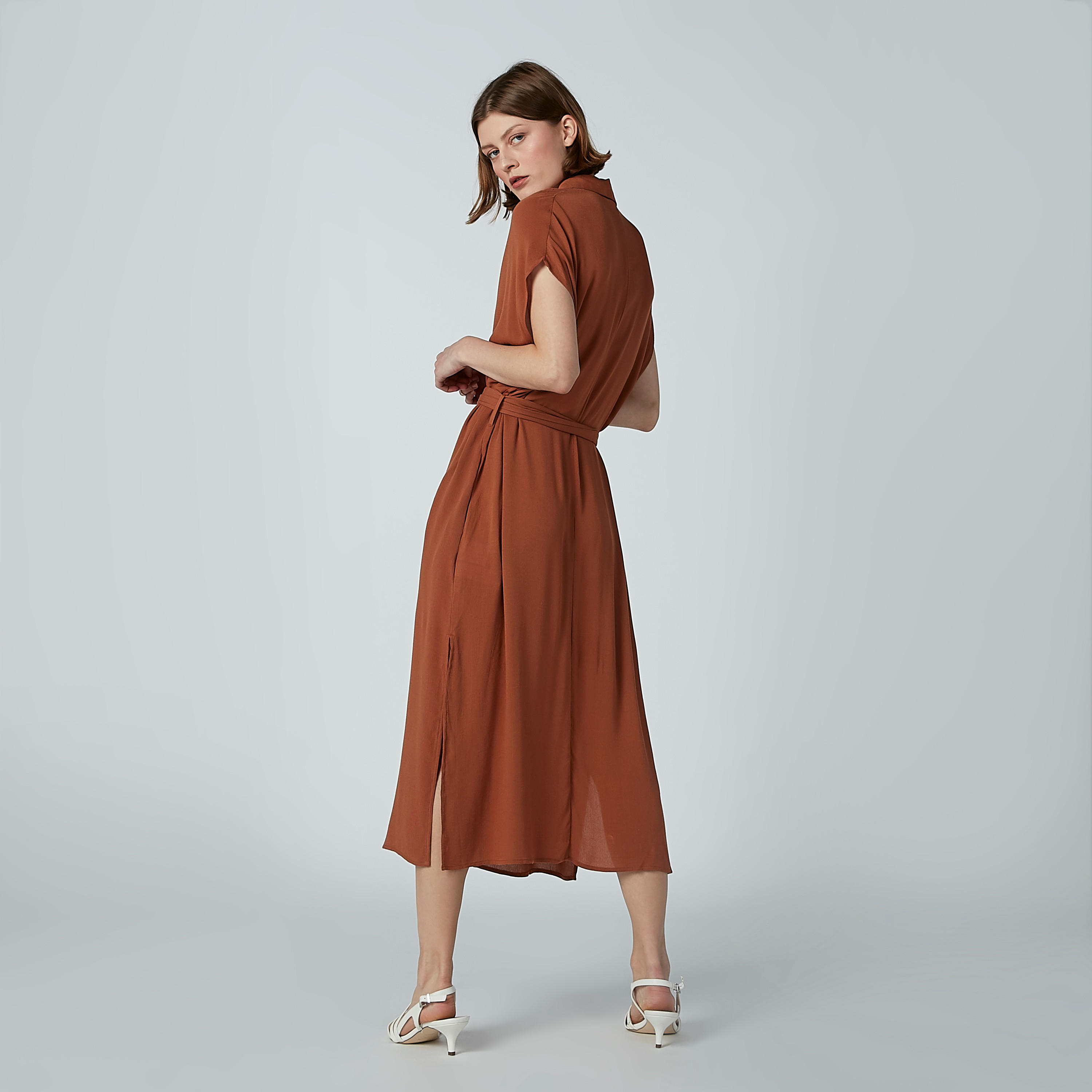فستان قميص سادة إيه لاين بأكمام كاب وأربطة-women-clothing-dresses-image-4