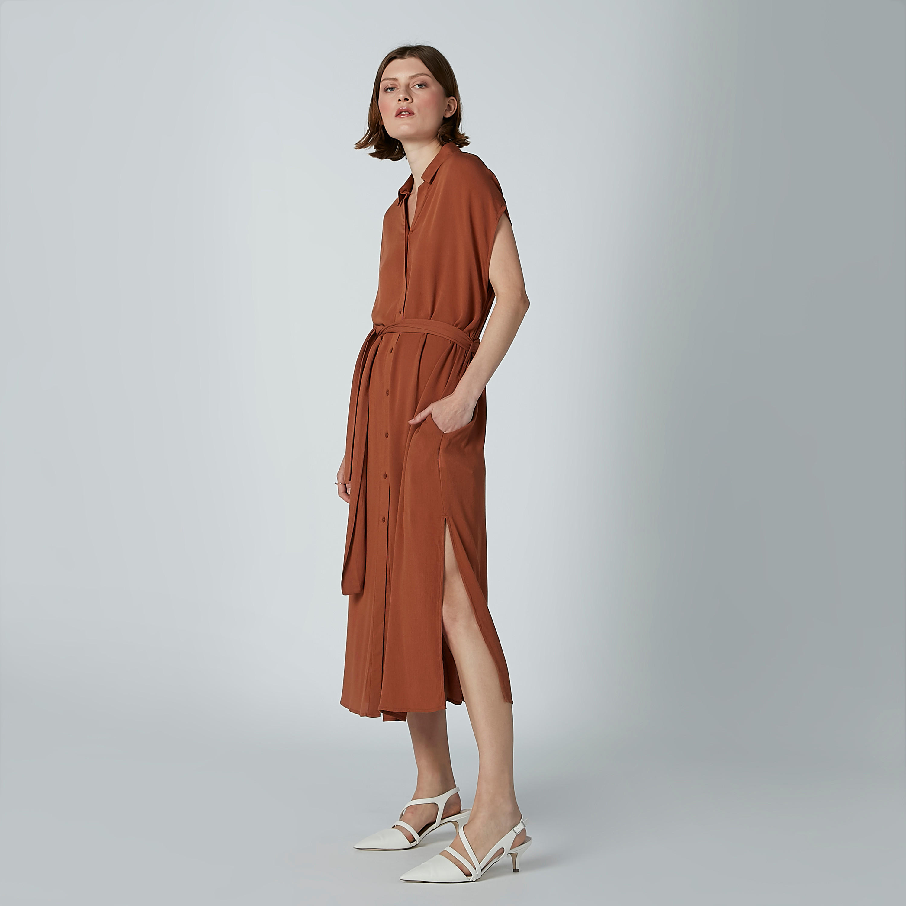 فستان قميص سادة إيه لاين بأكمام كاب وأربطة-women-clothing-dresses-image-5