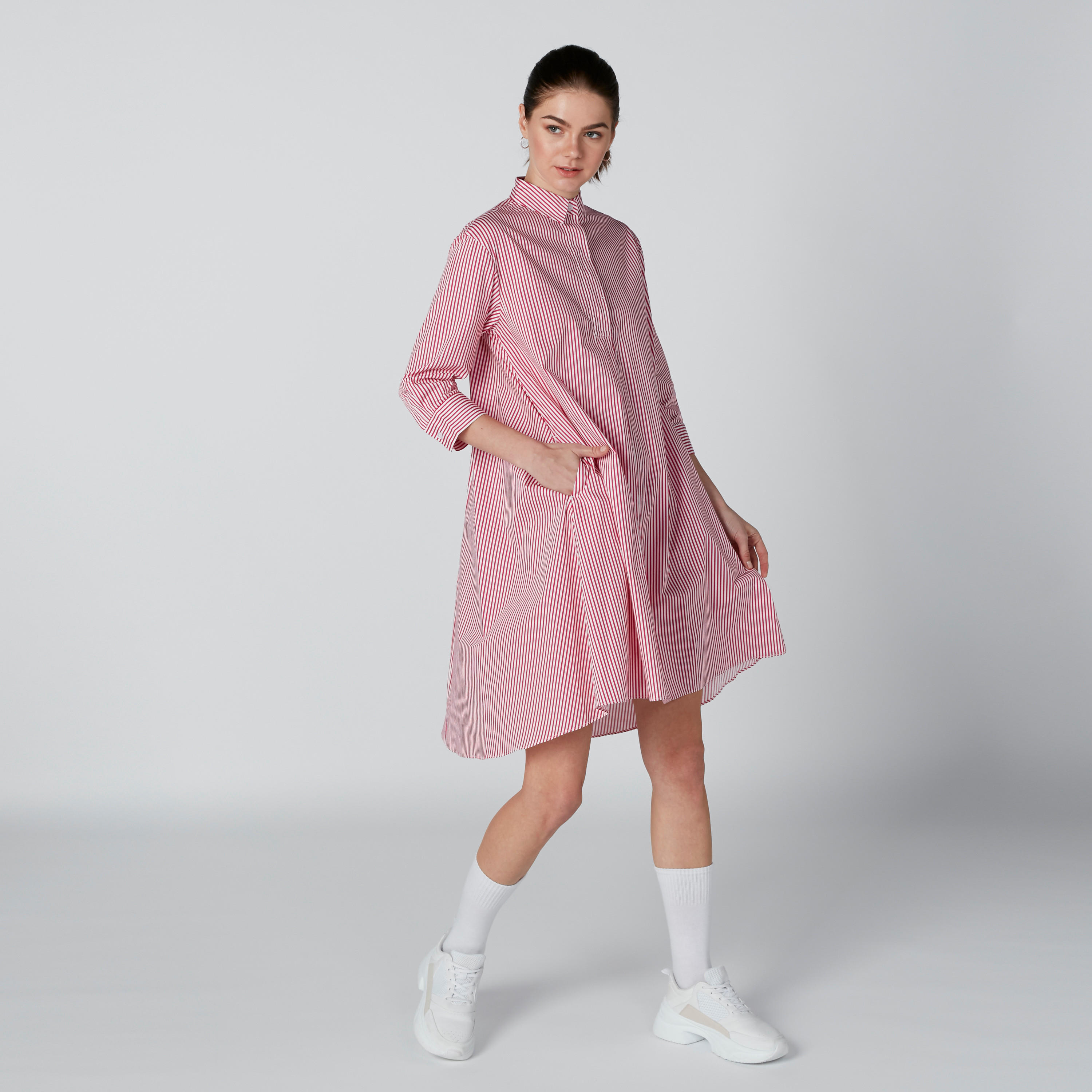 فستان قميص مقلّم متوسط الطول بأكمام 3/4-women-clothing-dresses-image-3