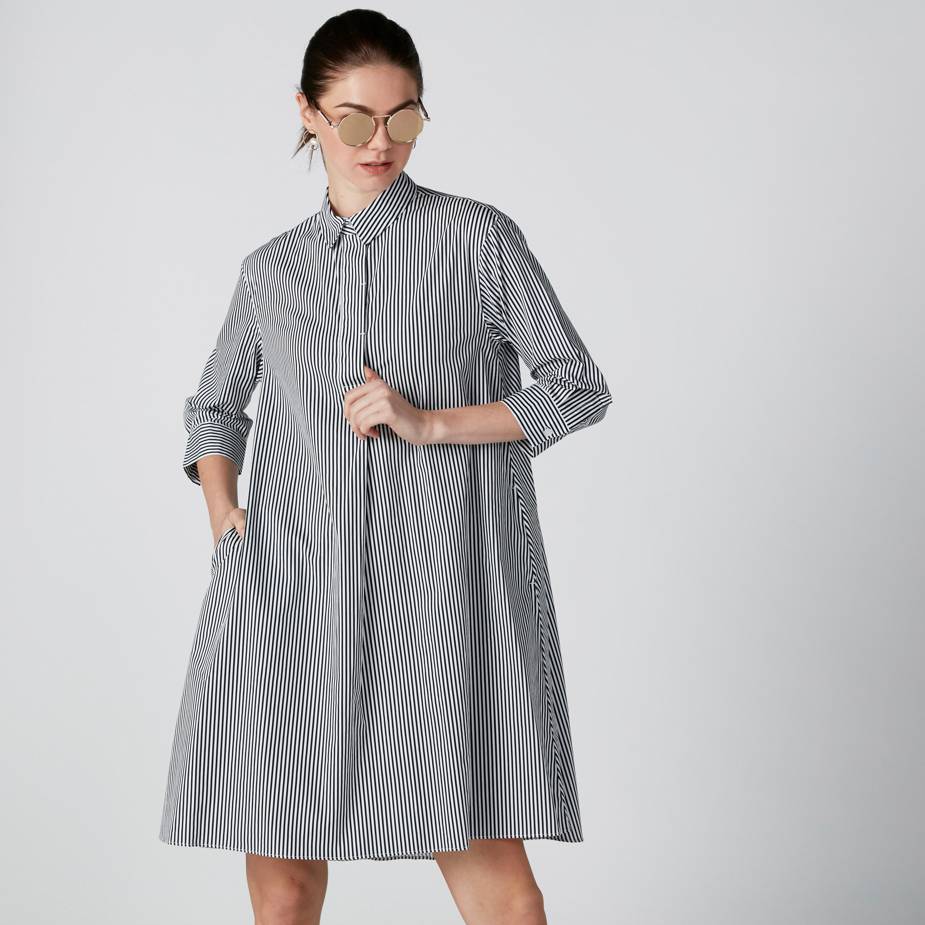 فستان مقلّم متوسط الطول بأكمام 3/4 وياقة عادية-women-clothing-dresses-image-3