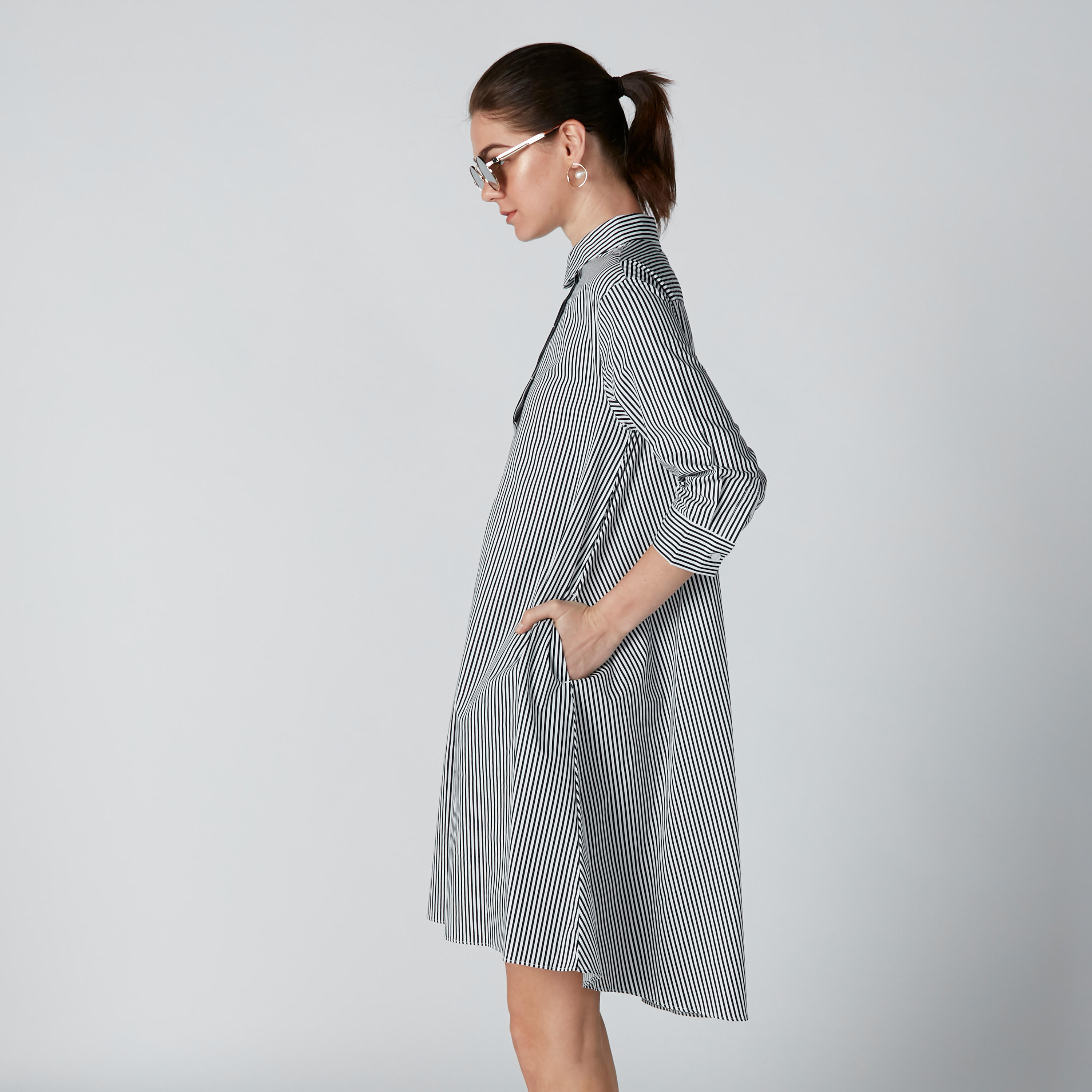 فستان مقلّم متوسط الطول بأكمام 3/4 وياقة عادية-women-clothing-dresses-image-5