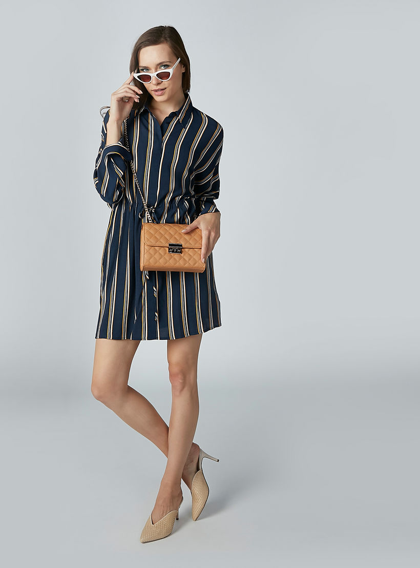 فستان قميص قصير مقلم بأكمام طويلة وأربطة-women-clothing-dresses-image-2