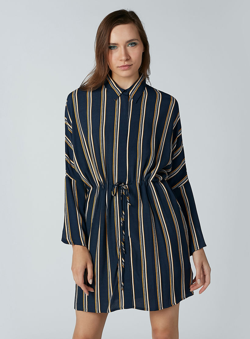 فستان قميص قصير مقلم بأكمام طويلة وأربطة-women-clothing-dresses-image-1