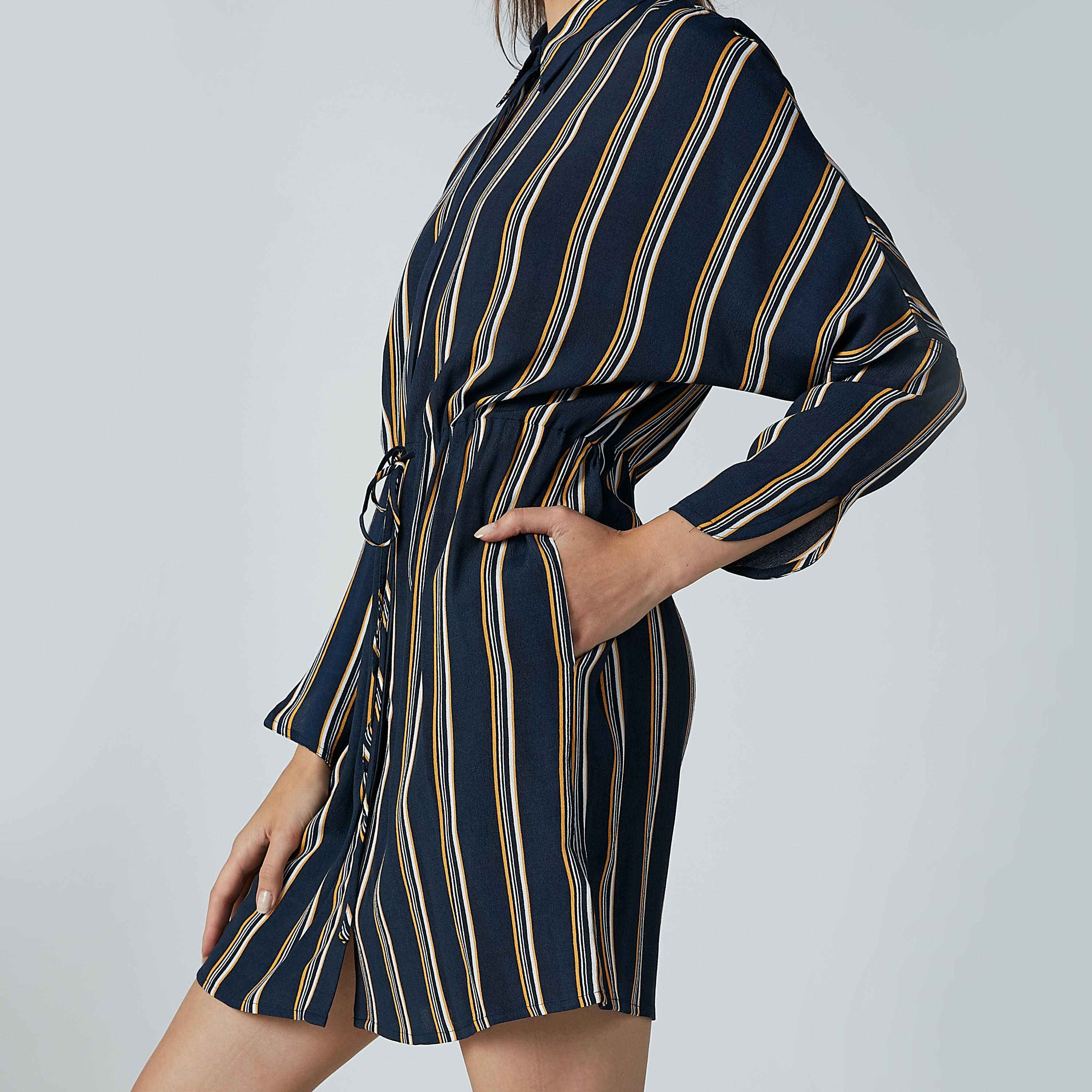 فستان قميص قصير مقلم بأكمام طويلة وأربطة-women-clothing-dresses-image-4