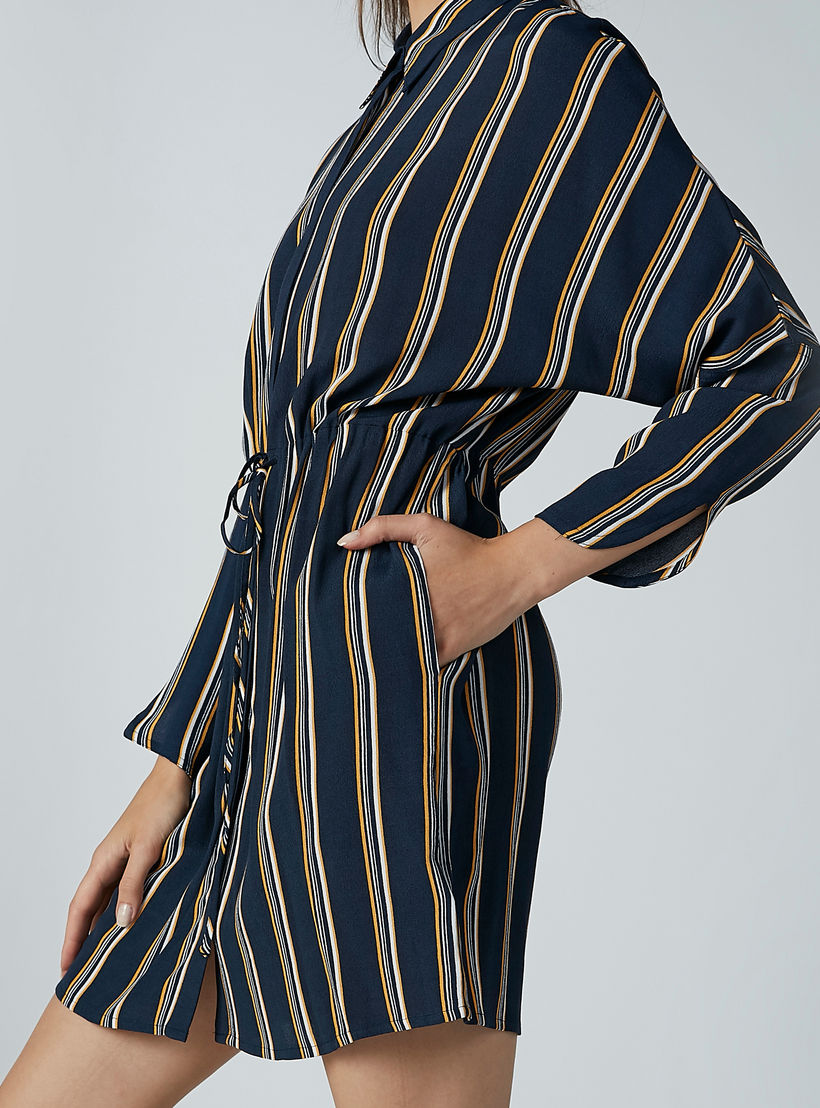 فستان قميص قصير مقلم بأكمام طويلة وأربطة-women-clothing-dresses-image-4