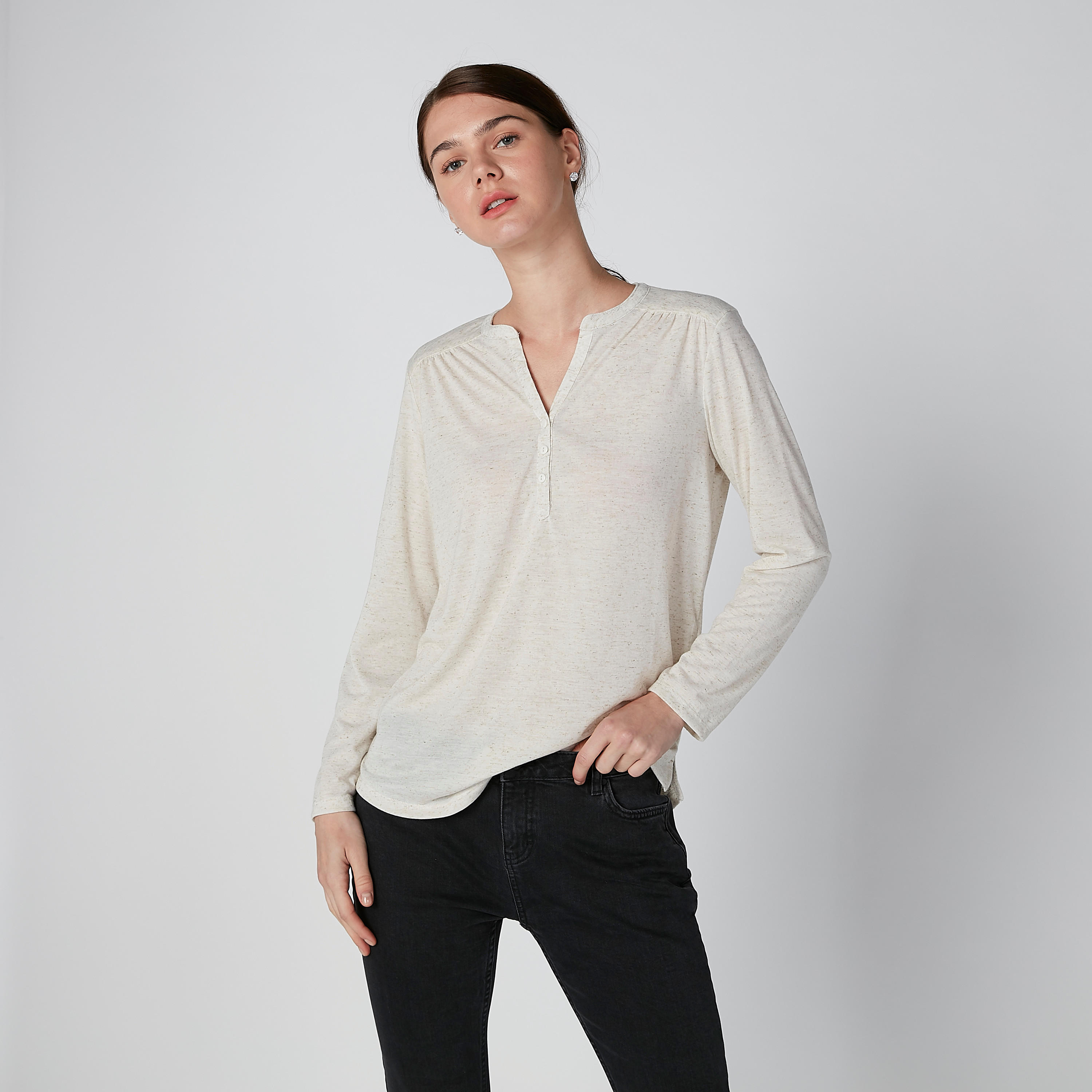 بلوزة بياقة هينلي وأكمام طويلة-women-clothing-shirtsandblouses-blouses-image-1