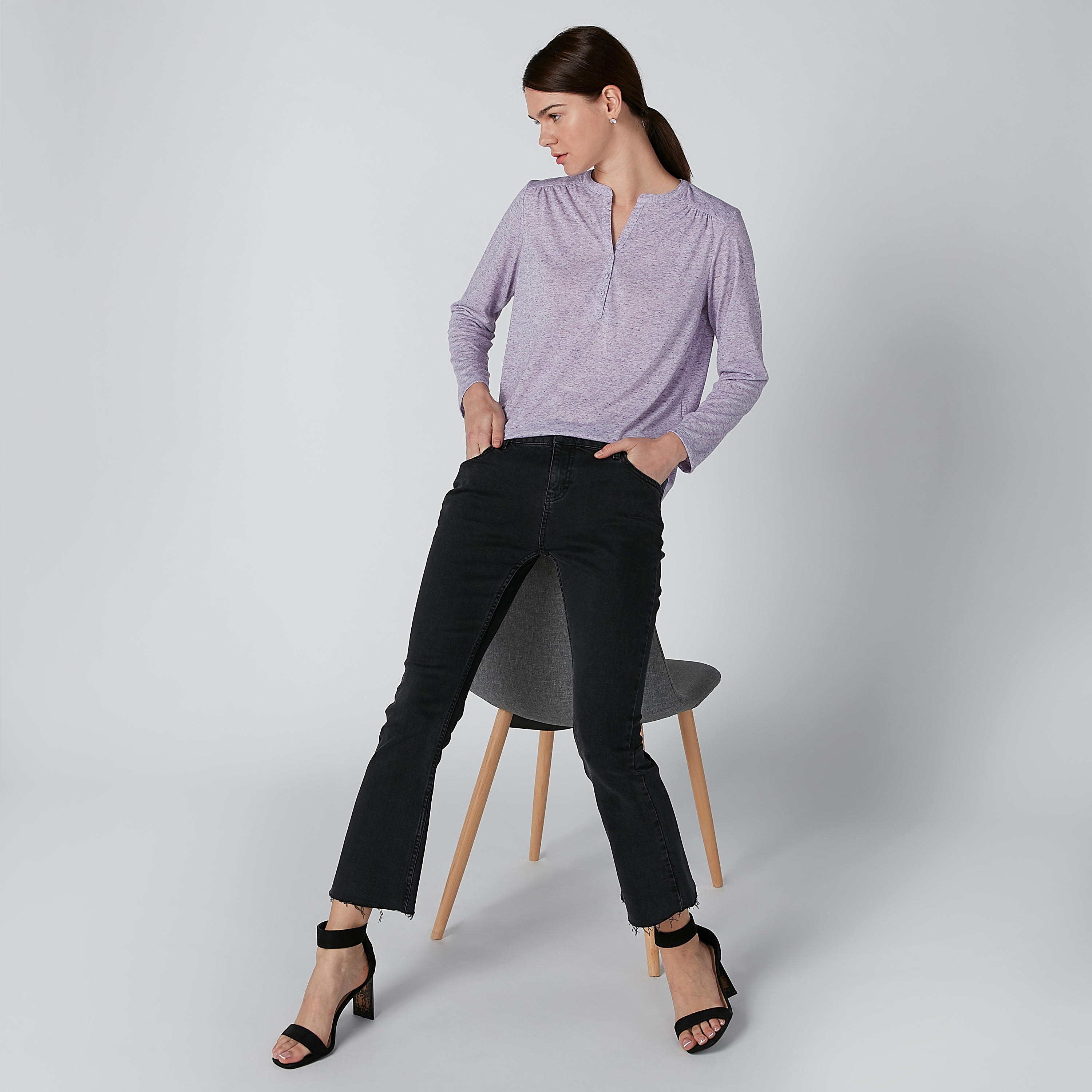 بلوزة بياقة هينلي وأكمام طويلة-women-clothing-shirtsandblouses-blouses-image-1