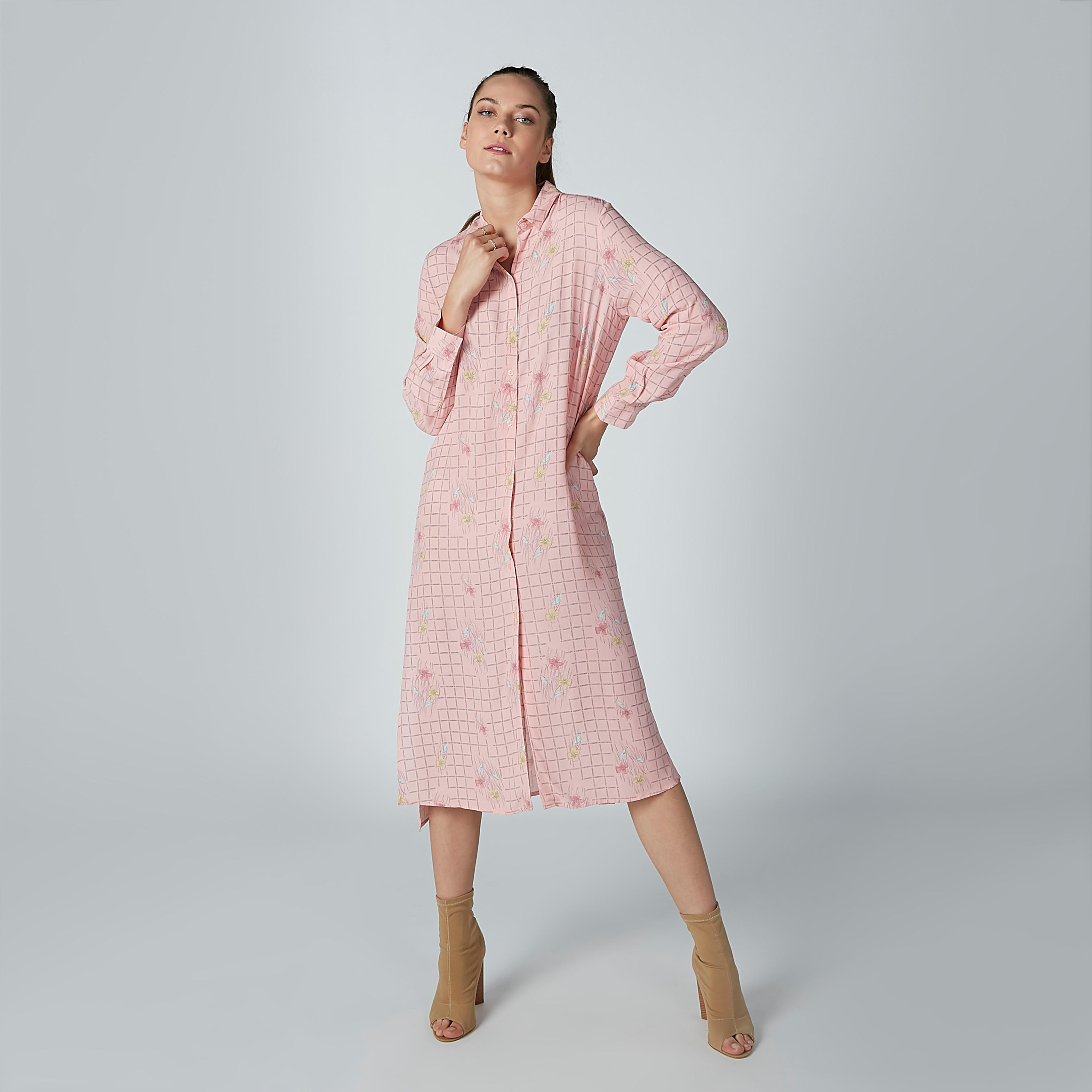 فستان قميص كاروهات متوسط الطول بأكمام طويلة-women-clothing-dresses-image-1