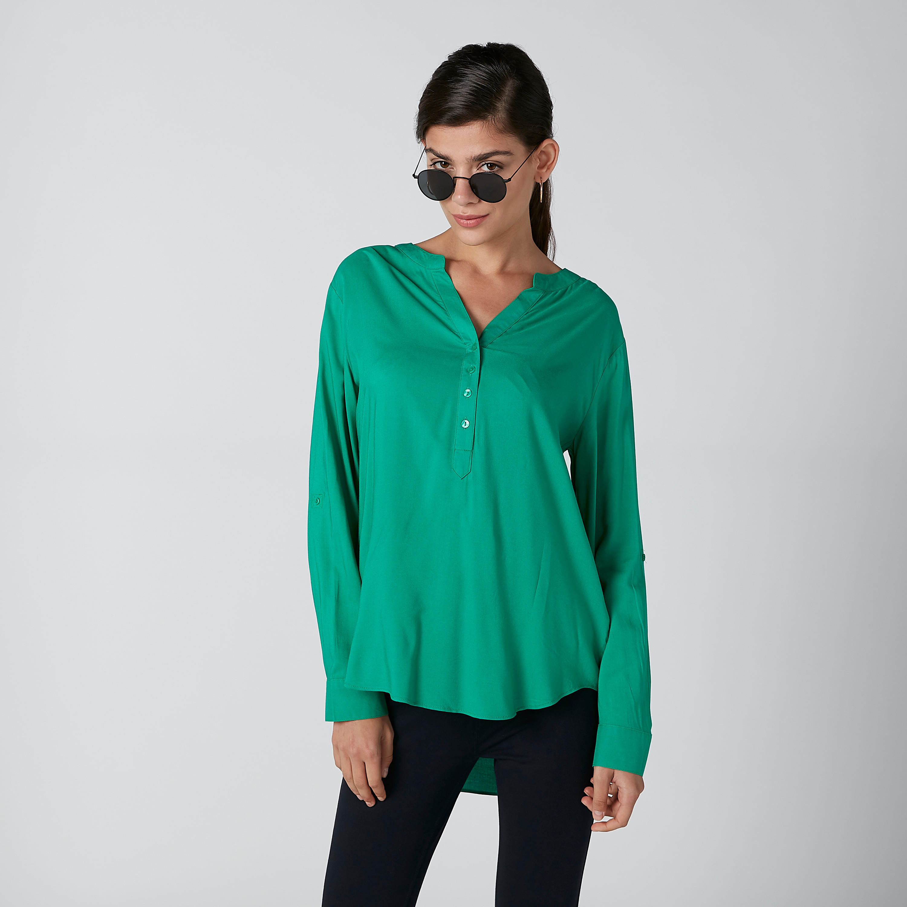 Solid Top with Mandarin Collar and Long Sleeves-women-clothing-shirtsandblouses-blouses-image-1