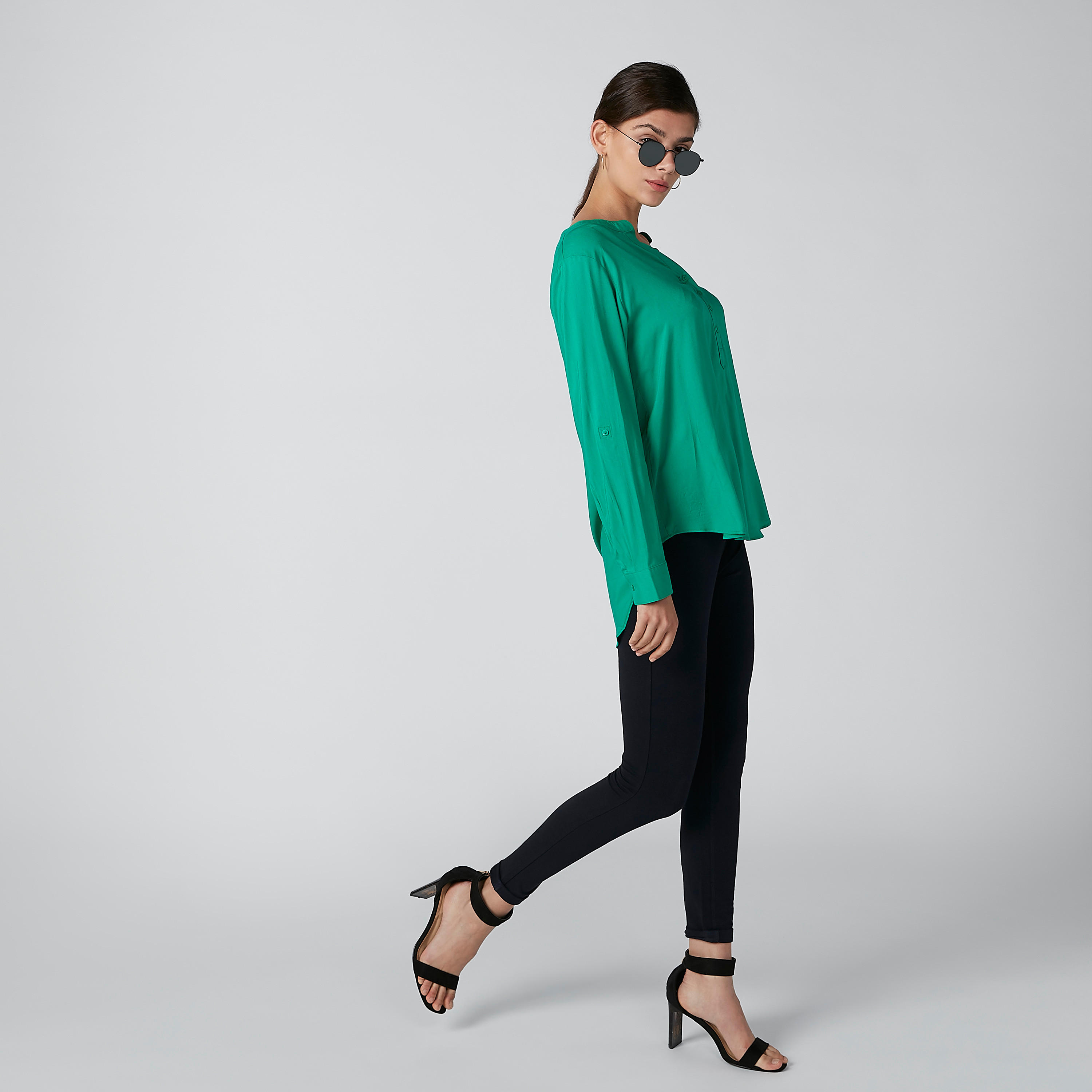 Solid Top with Mandarin Collar and Long Sleeves-women-clothing-shirtsandblouses-blouses-image-2