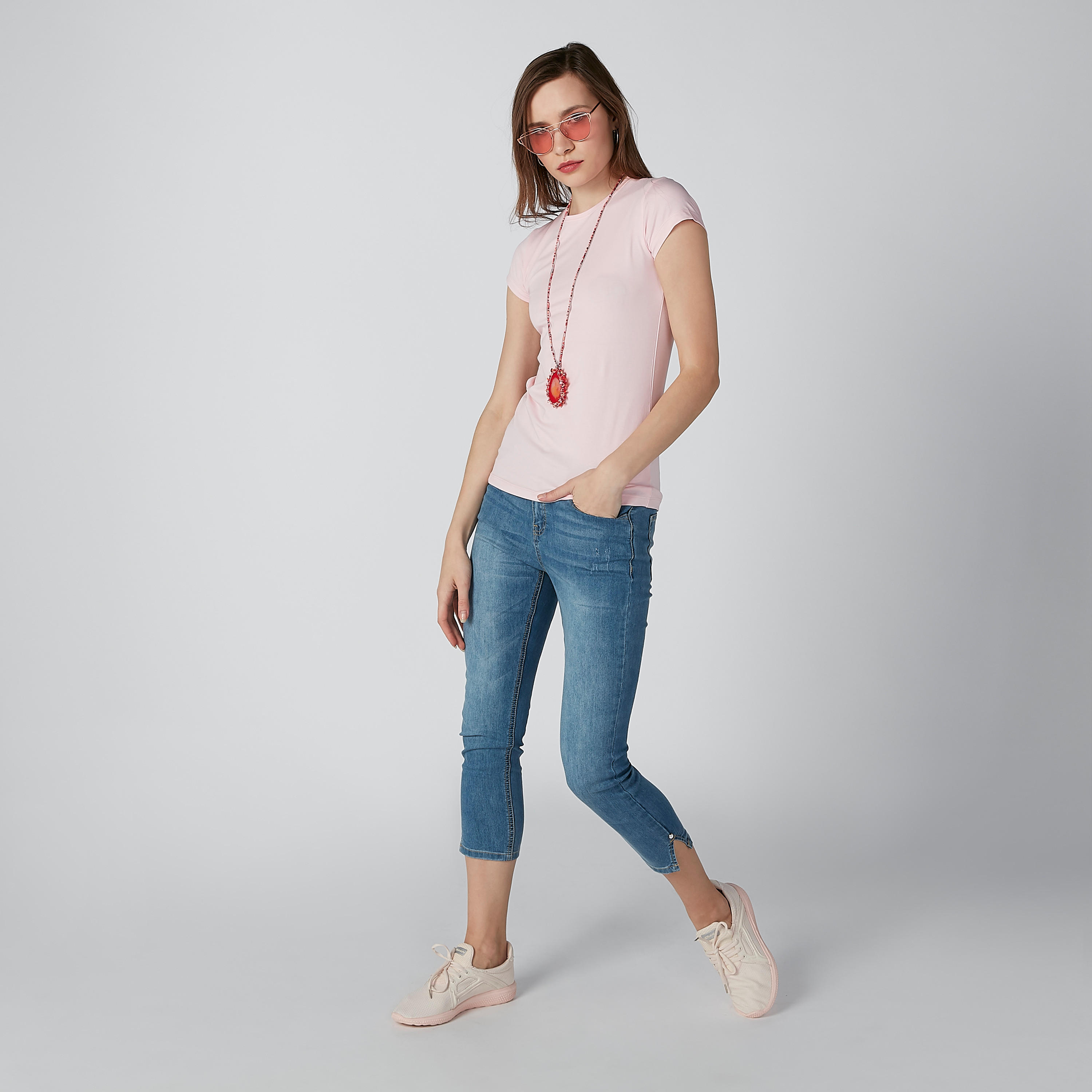 Solid T-shirt with Round Neck and Cap Sleeves-women-clothing-tshirts-image-1