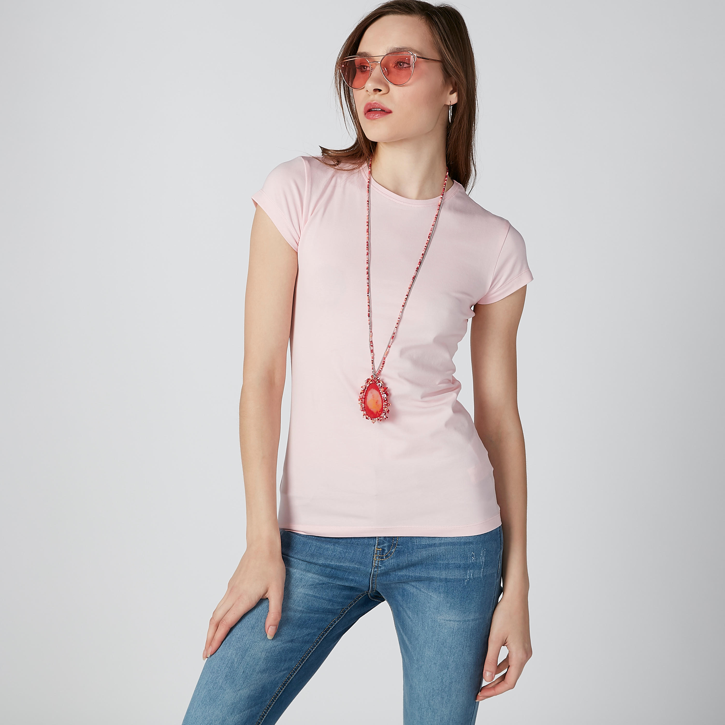 Solid T-shirt with Round Neck and Cap Sleeves-women-clothing-tshirts-image-3