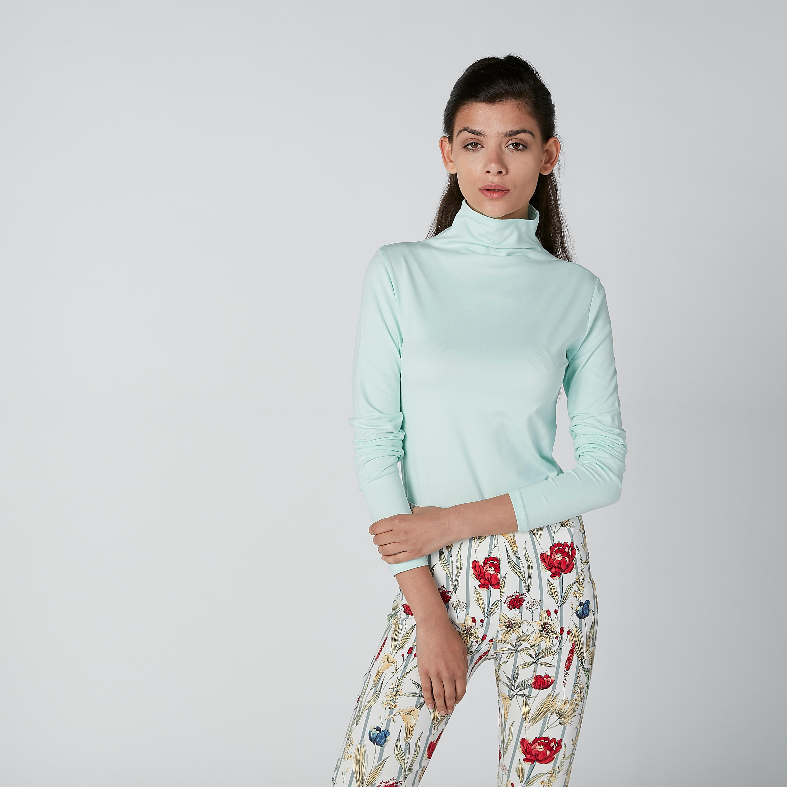 Solid T-Shirt with Long Sleeves and High Neck-women-clothing-tshirts-image-3