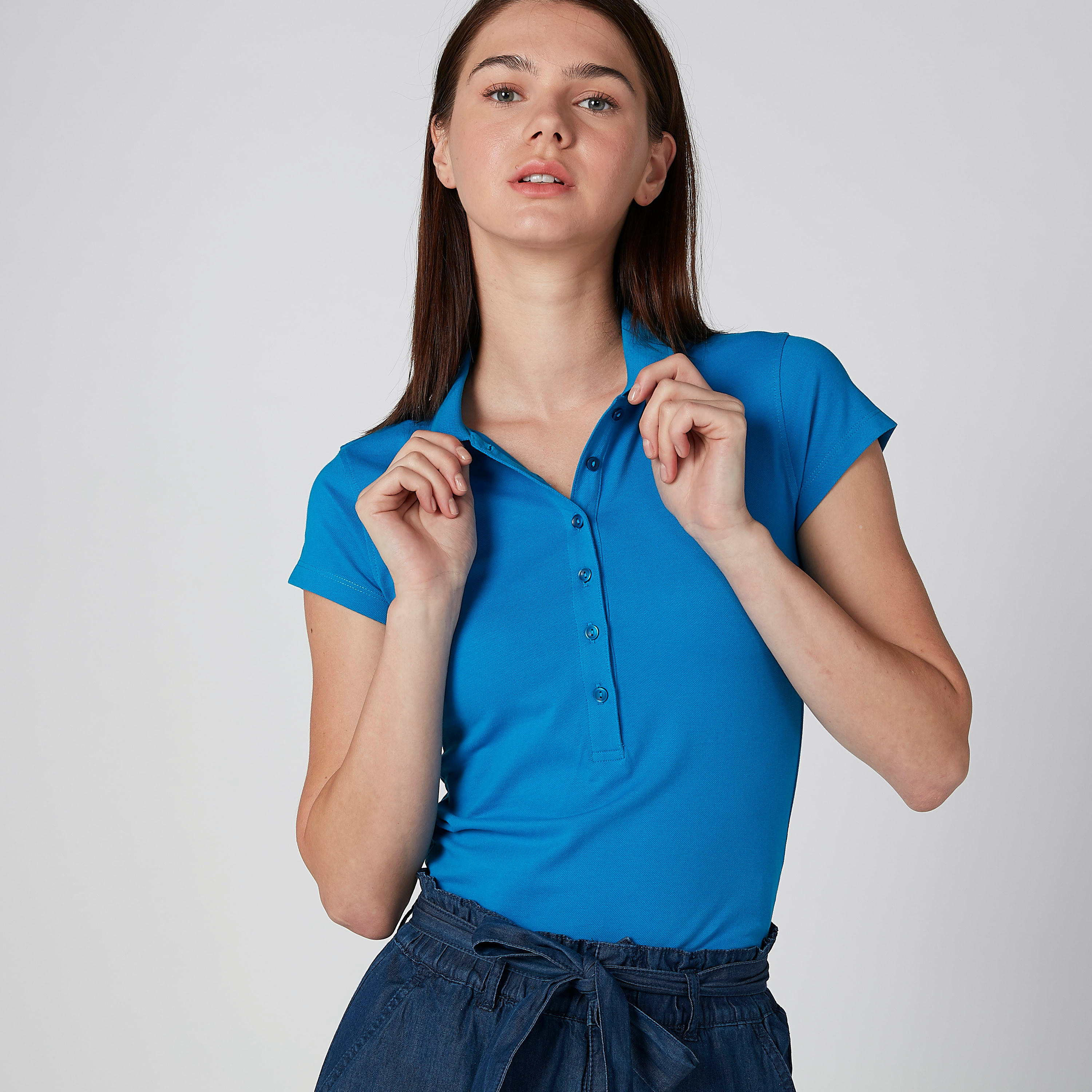 Plain T-shirt with Polo Neck and Cap Sleeves-women-clothing-tshirts-image-1