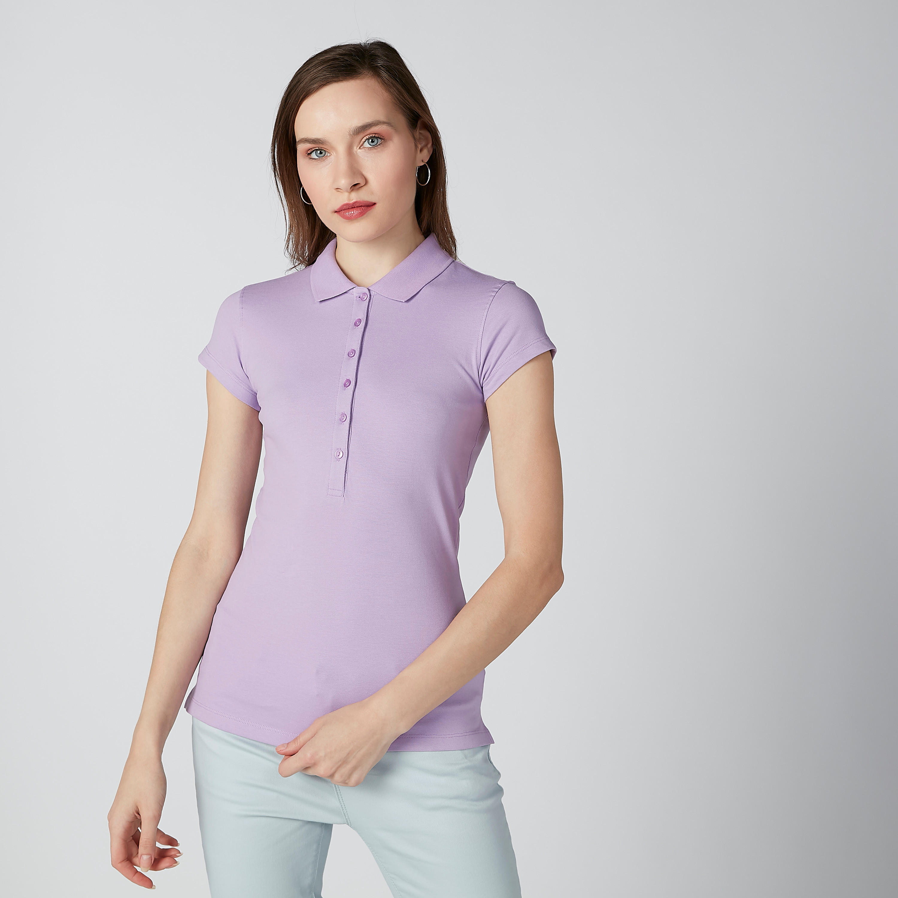 تيشيرت سادة بياقة بولو وأكمام كاب-women-clothing-tshirts-image-1