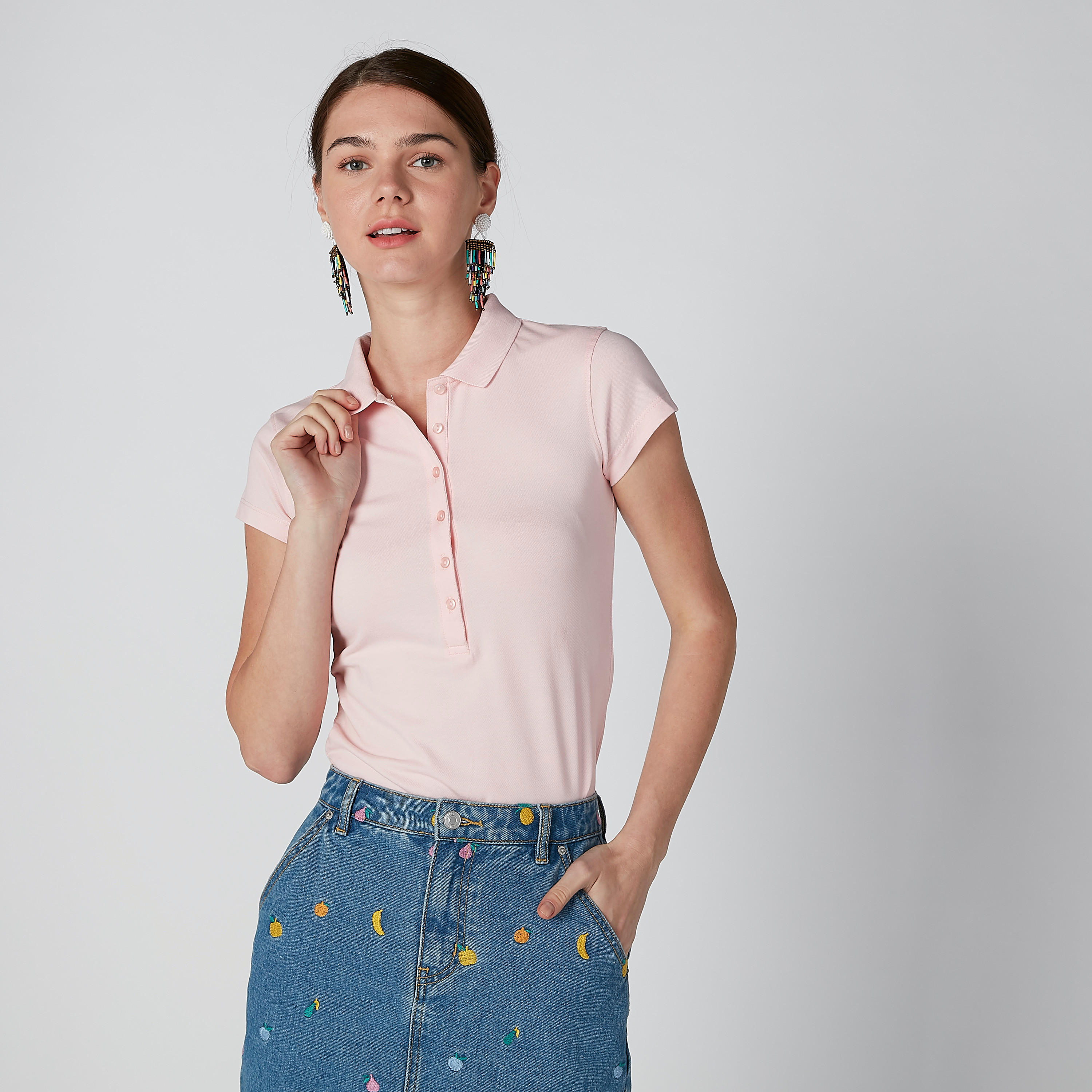 تيشيرت سادة بياقة بولو وأكمام كاب-women-clothing-tshirts-image-1