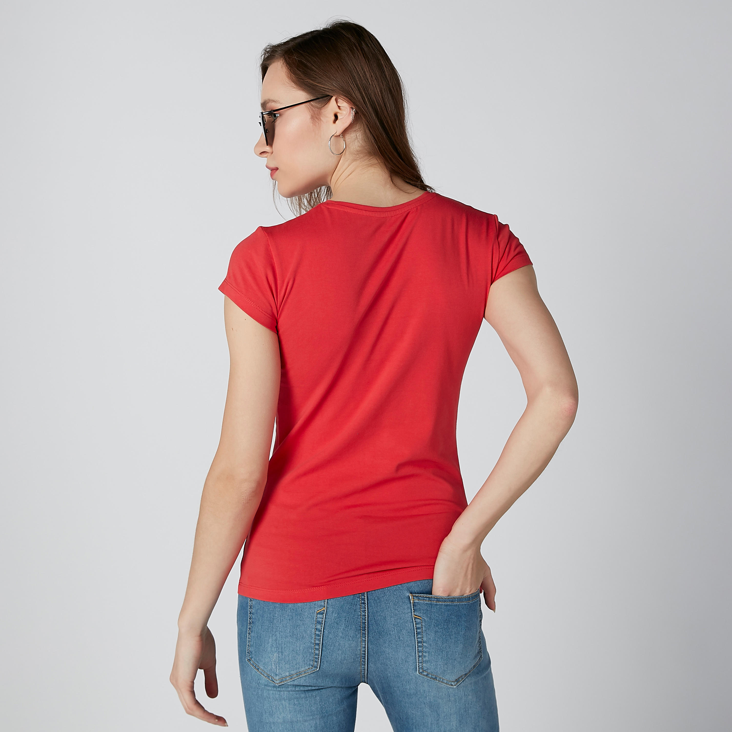 Cap Sleeves Plain T-shirt with Round Neck-women-clothing-tshirts-image-2