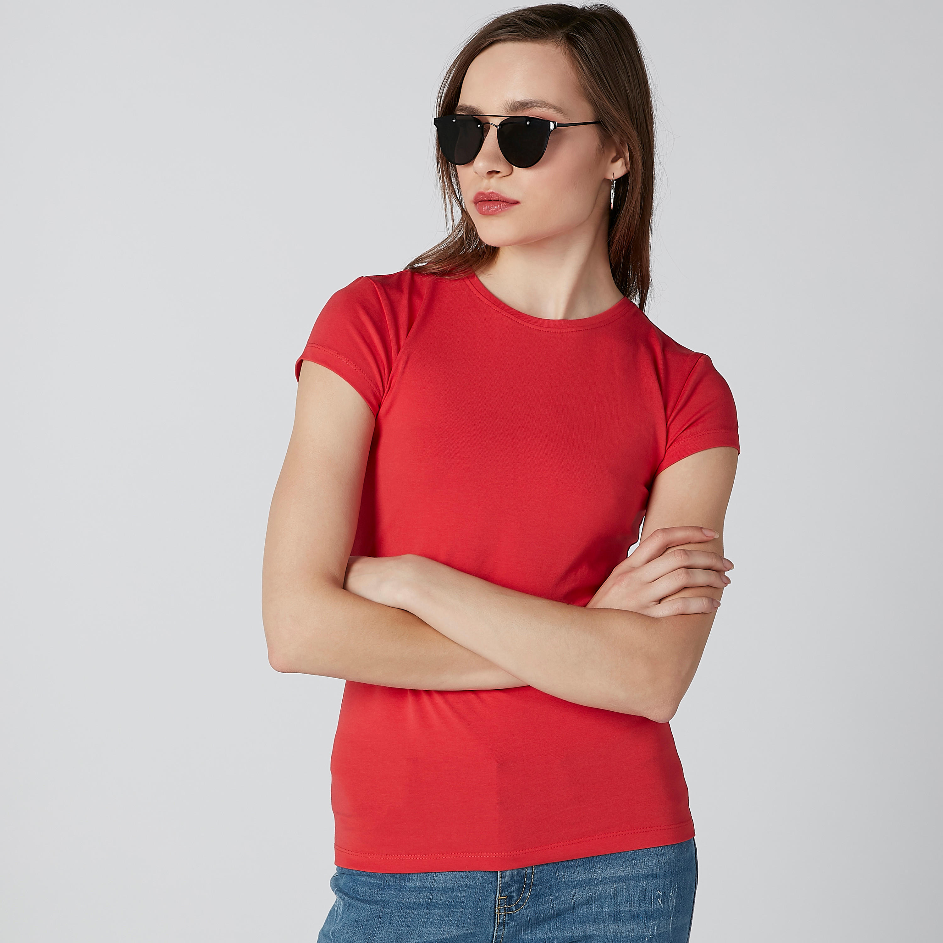 Cap Sleeves Plain T-shirt with Round Neck-women-clothing-tshirts-image-3