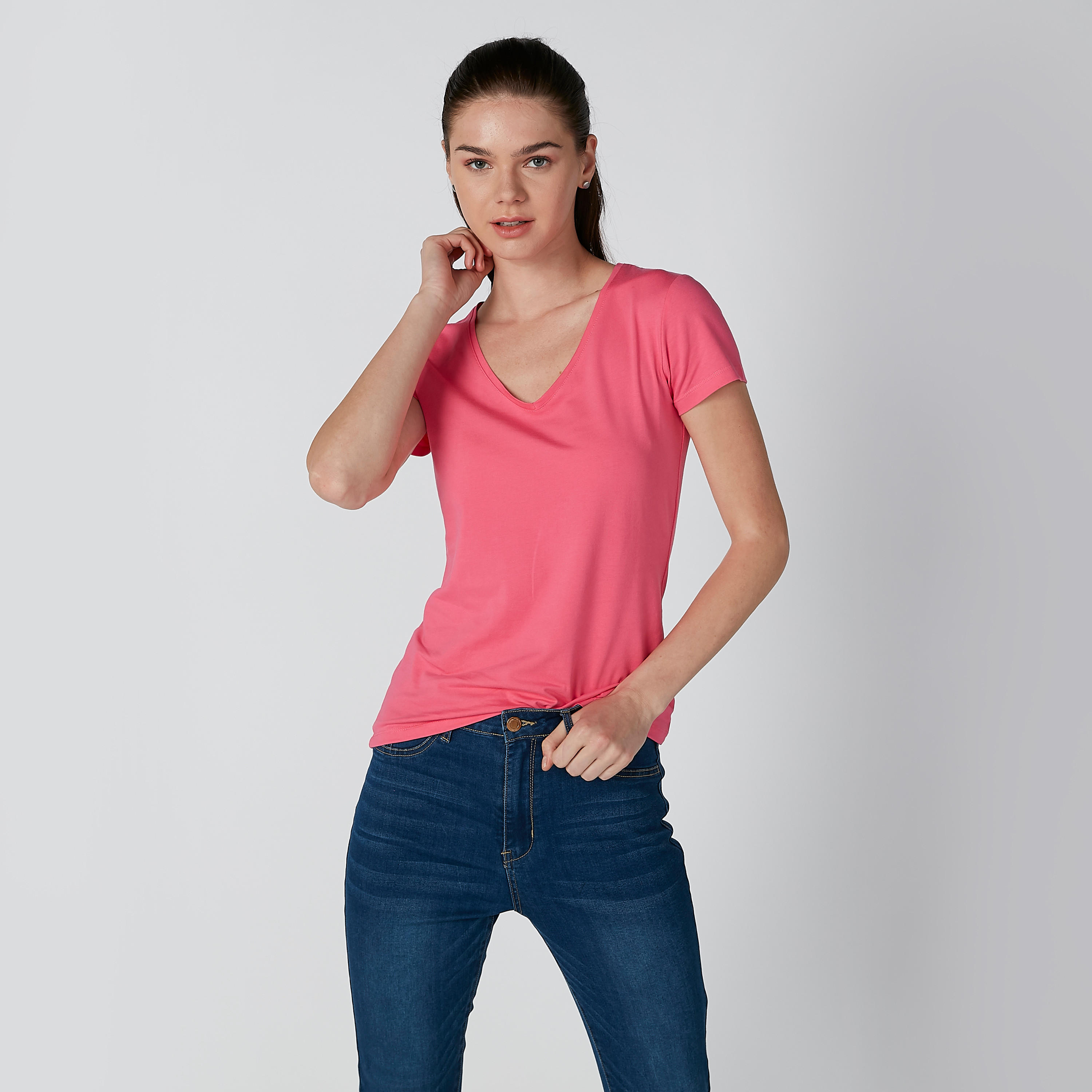 Plain T-Shirt with V-neck and Short Sleeves-women-clothing-tshirts-image-1