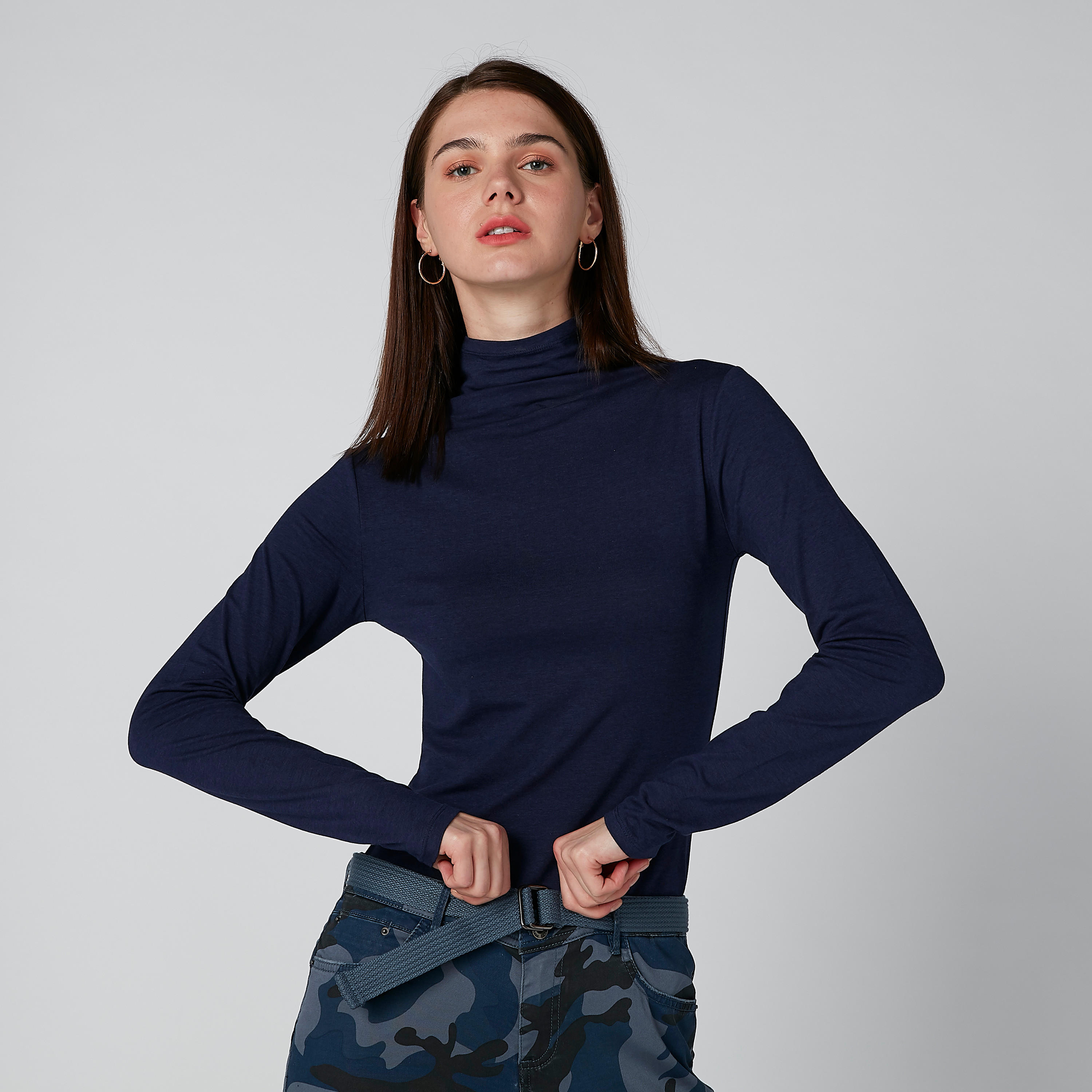 Solid T-Shirt with Turtleneck and Long Sleeves-women-clothing-tshirts-image-1