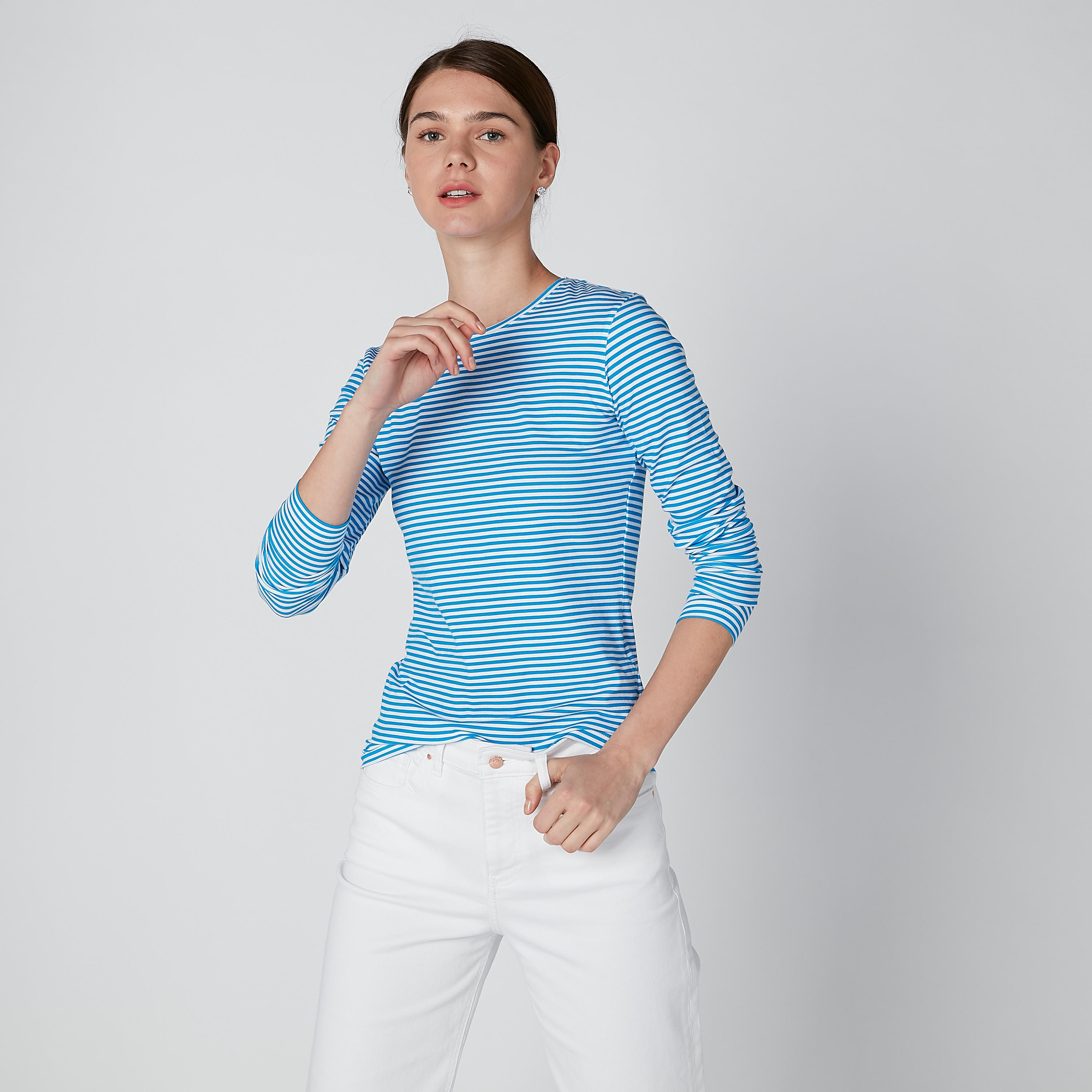 تيشيرت مقلم بياقة مستديرة وأكمام طويلة-women-clothing-tshirts-image-3