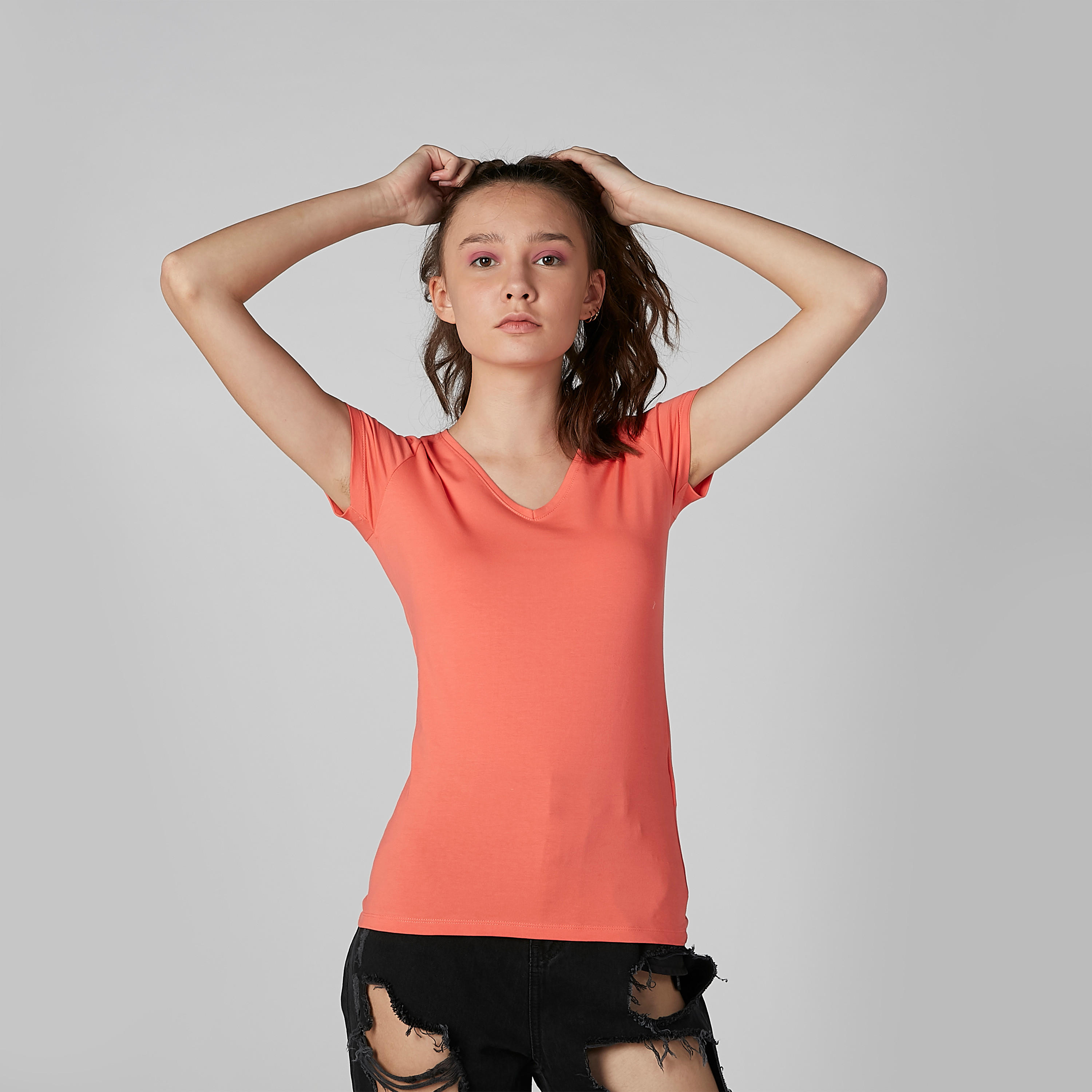 Plain T-shirt with V-neck and Short Sleeves-women-clothing-tshirts-image-1