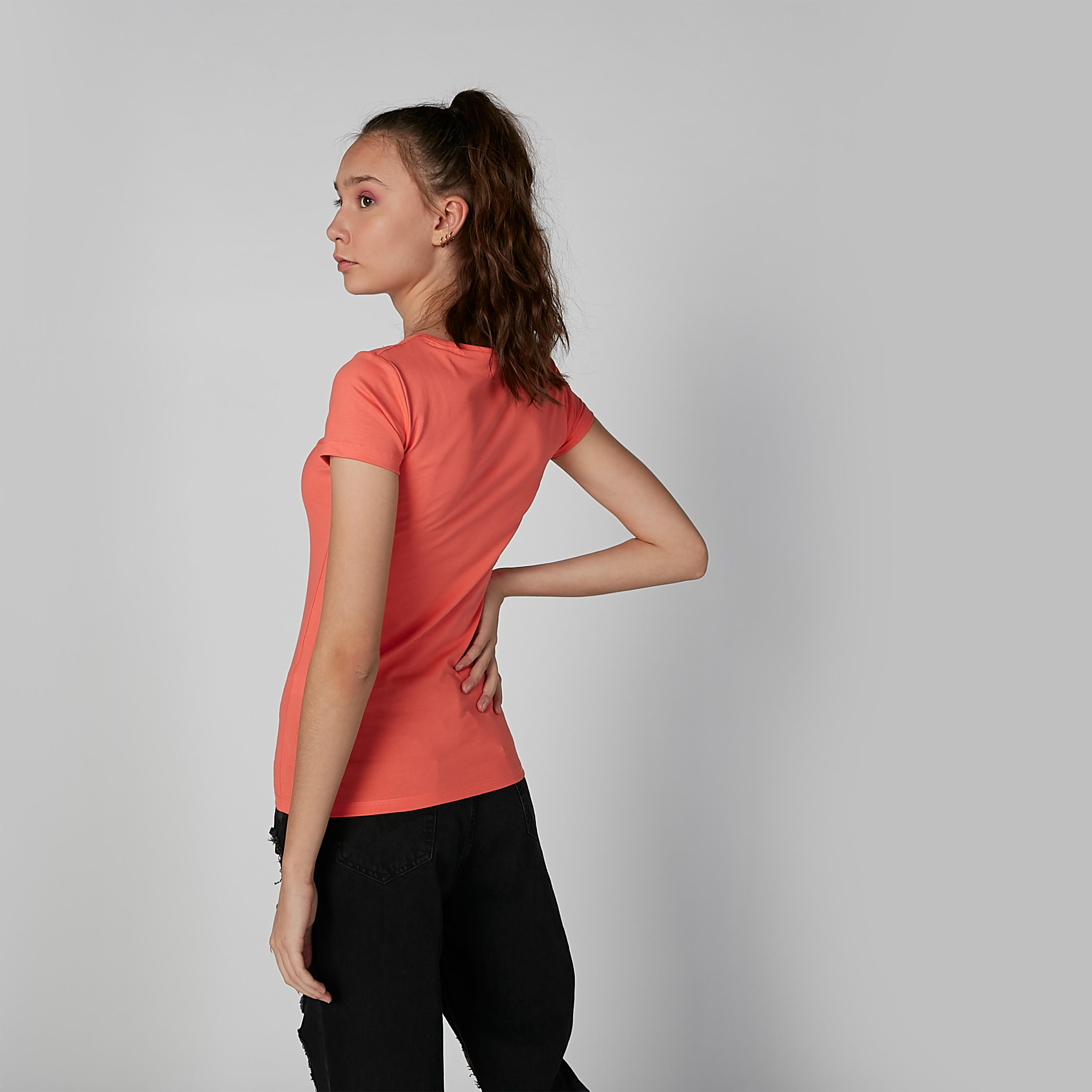 Plain T-shirt with V-neck and Short Sleeves-women-clothing-tshirts-image-3