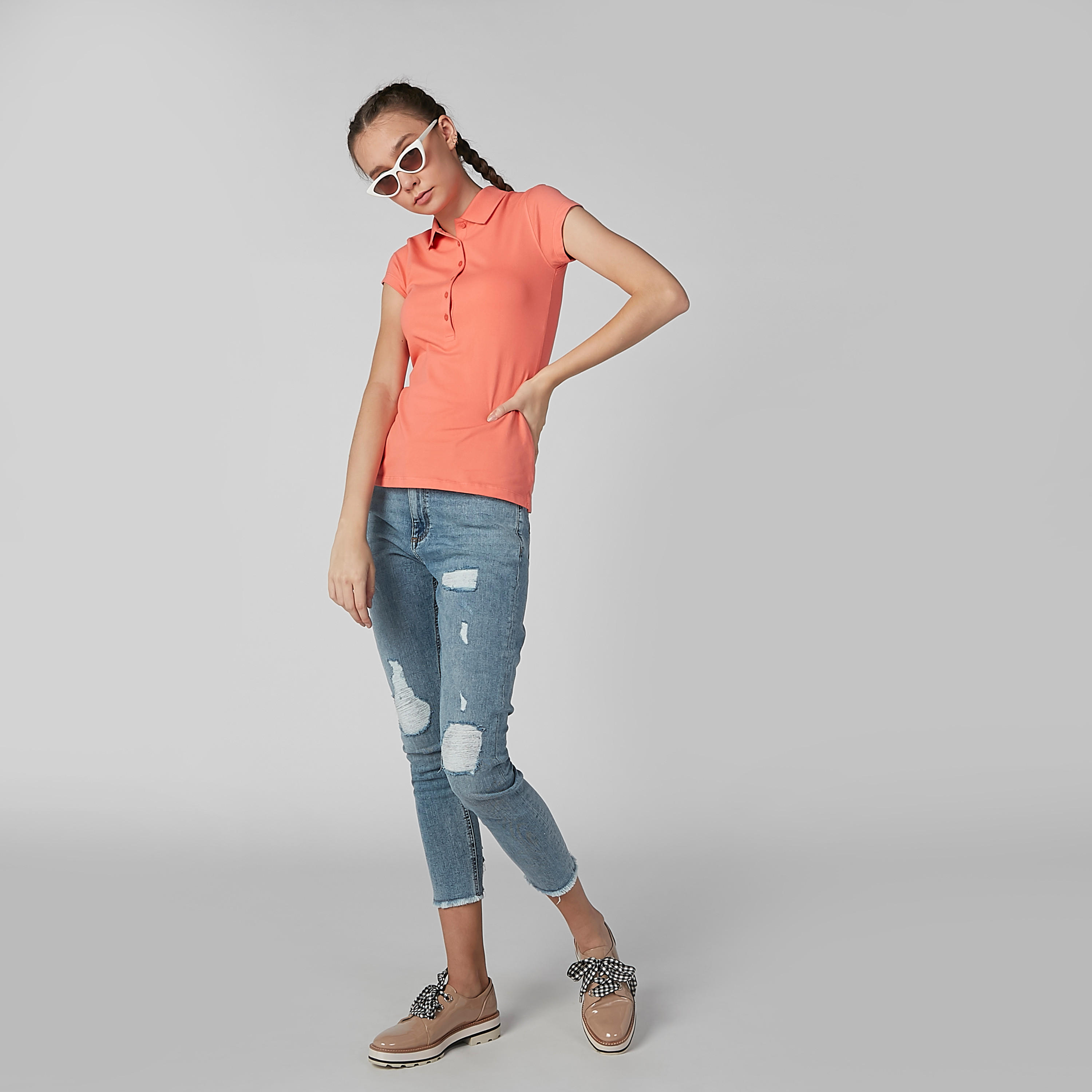 Plain T-shirt with Polo Neck and Cap Sleeves-women-clothing-tshirts-image-2