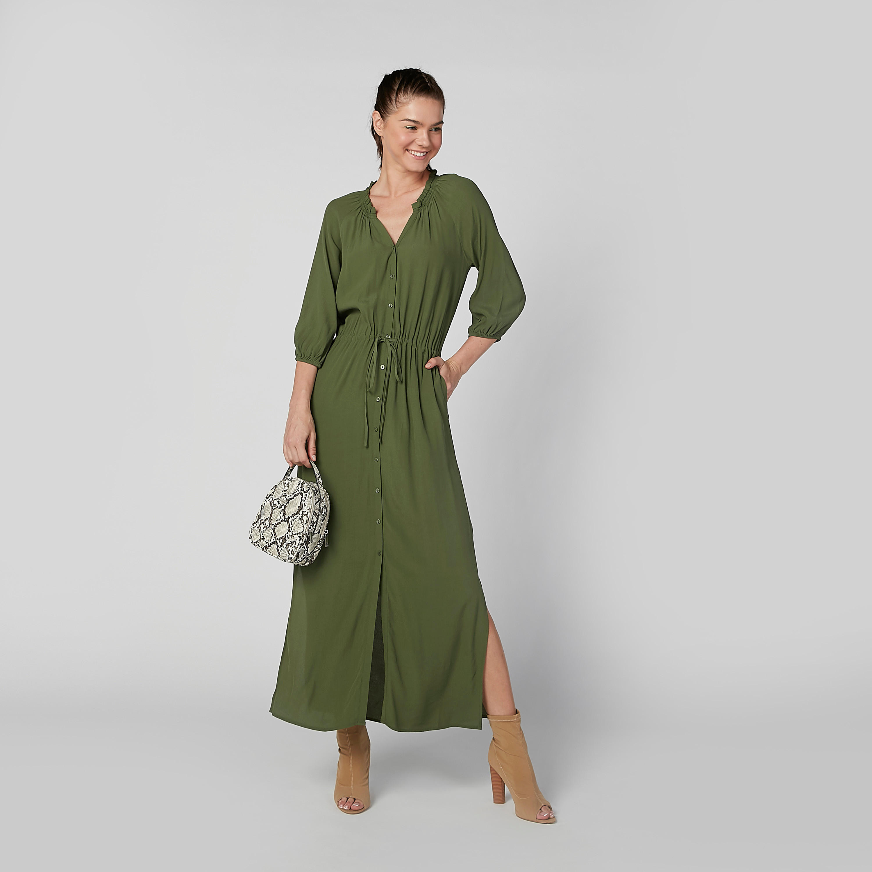 فستان قميص مستدام سادة طويل بأكمام 3/4 وأربطة-women-clothing-dresses-image-1