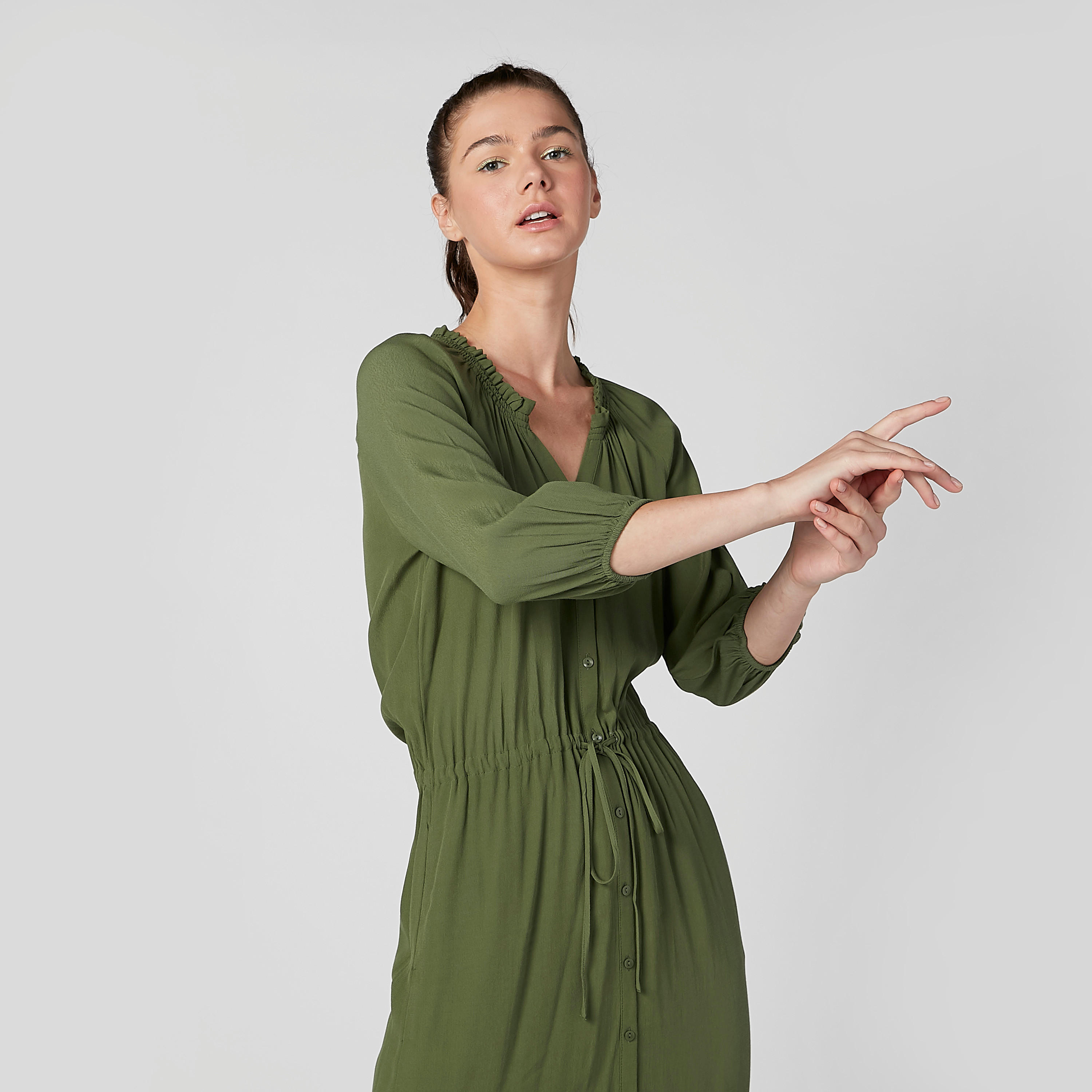 فستان قميص مستدام سادة طويل بأكمام 3/4 وأربطة-women-clothing-dresses-image-2