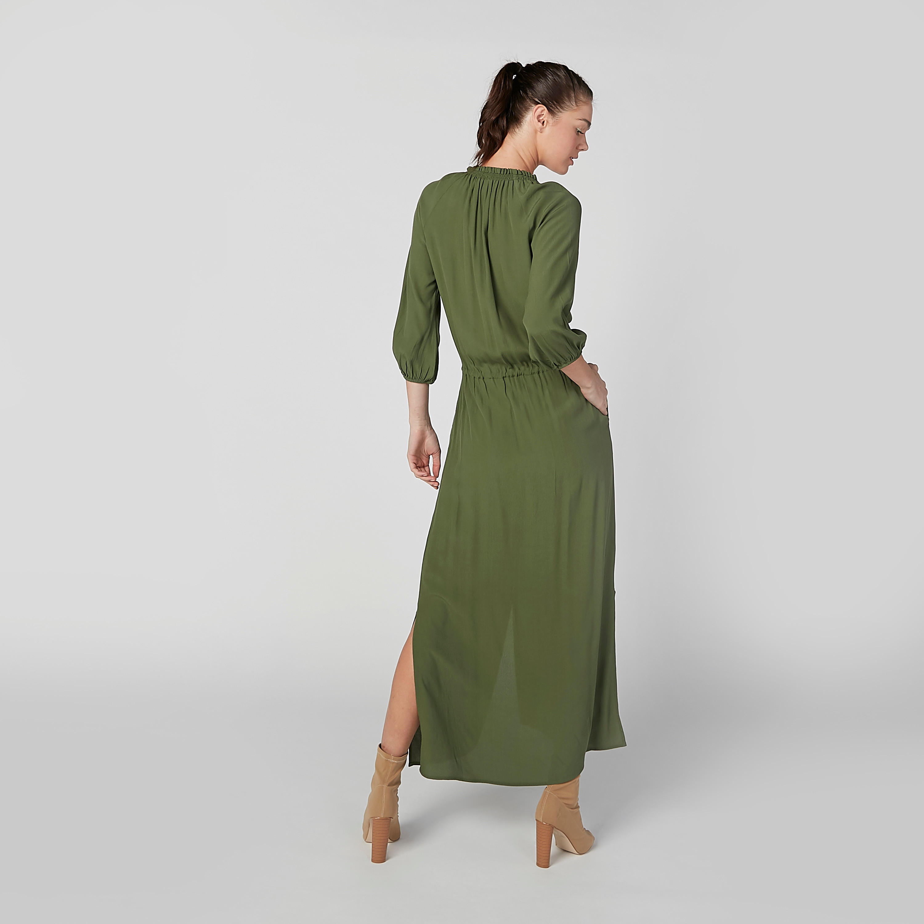 فستان قميص مستدام سادة طويل بأكمام 3/4 وأربطة-women-clothing-dresses-image-3