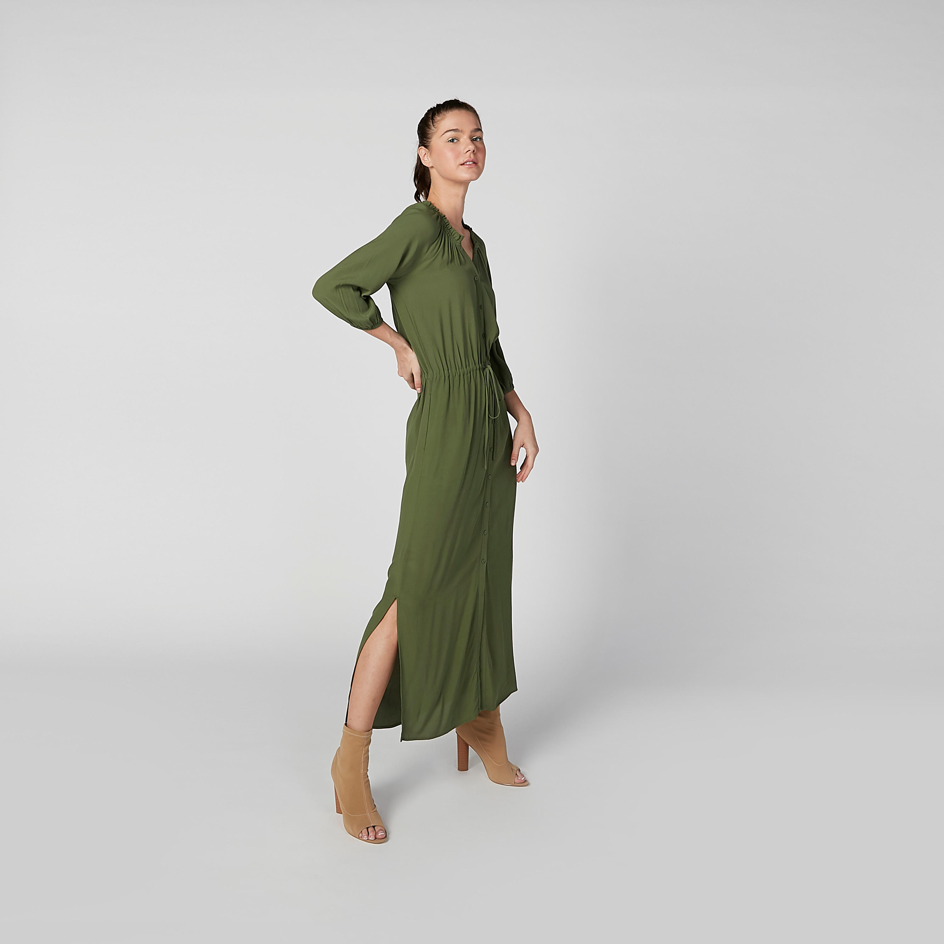 فستان قميص مستدام سادة طويل بأكمام 3/4 وأربطة-women-clothing-dresses-image-4