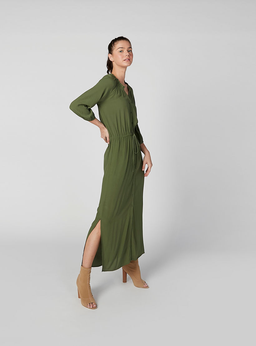 فستان قميص مستدام سادة طويل بأكمام 3/4 وأربطة-women-clothing-dresses-image-4