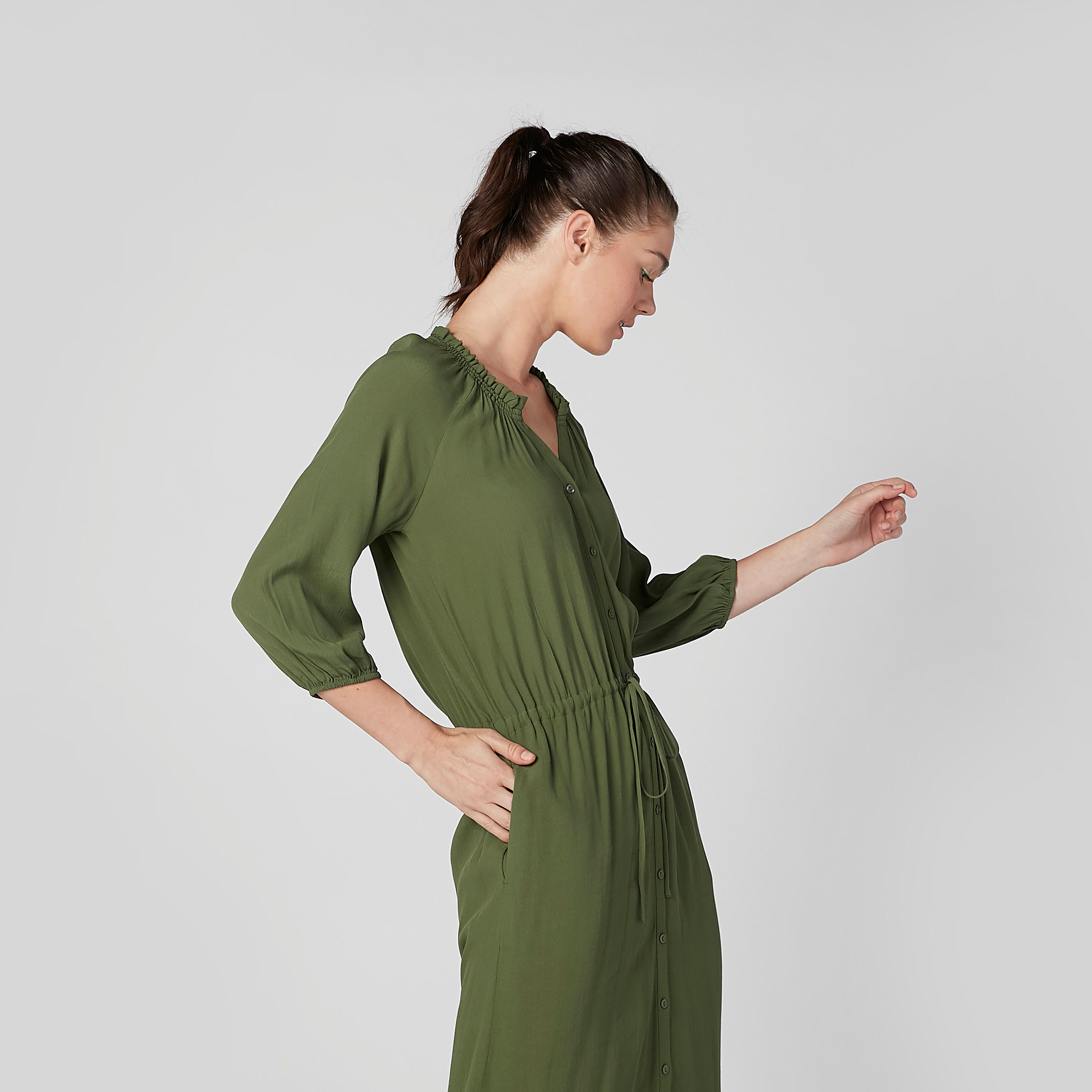 فستان قميص مستدام سادة طويل بأكمام 3/4 وأربطة-women-clothing-dresses-image-5