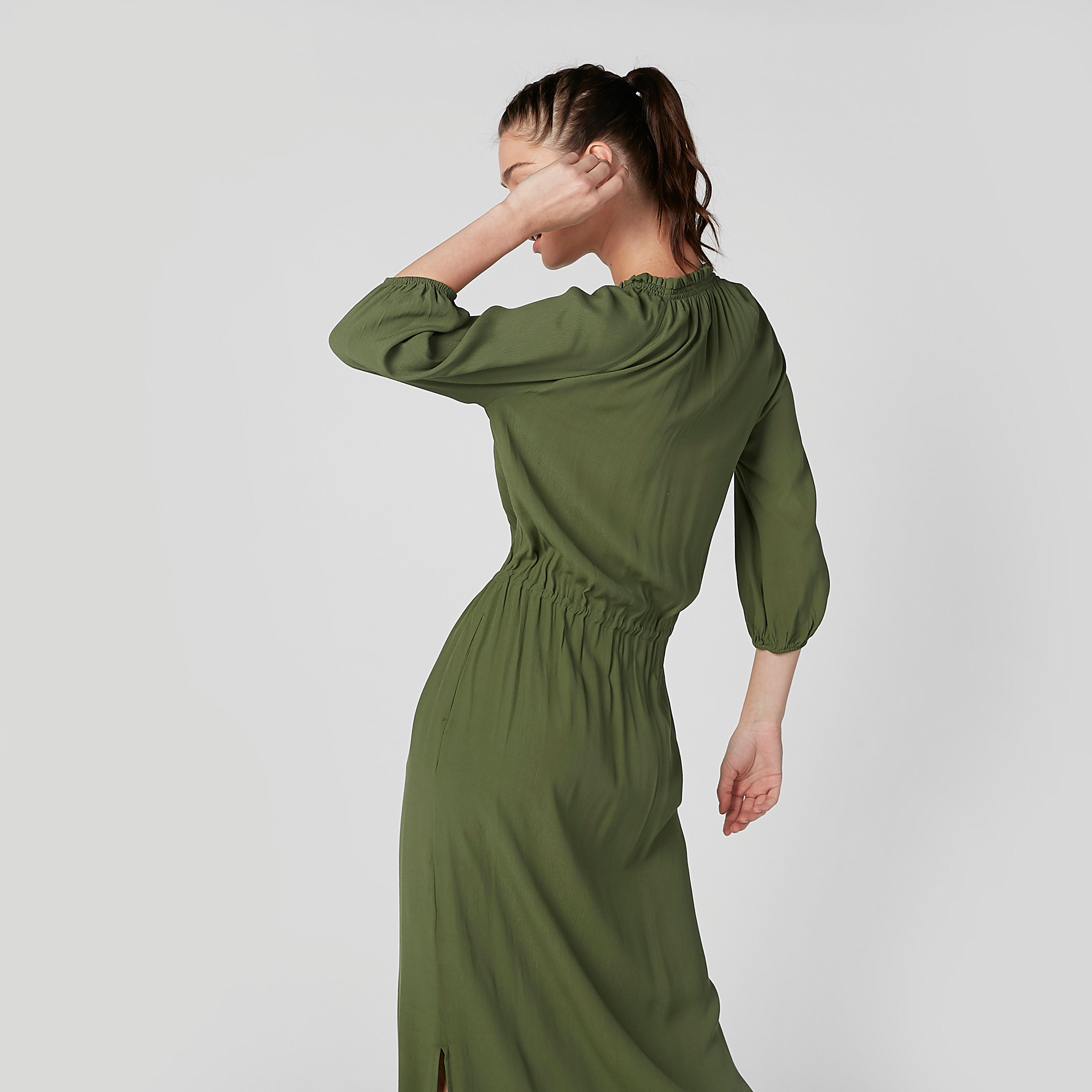 فستان قميص مستدام سادة طويل بأكمام 3/4 وأربطة-women-clothing-dresses-image-6