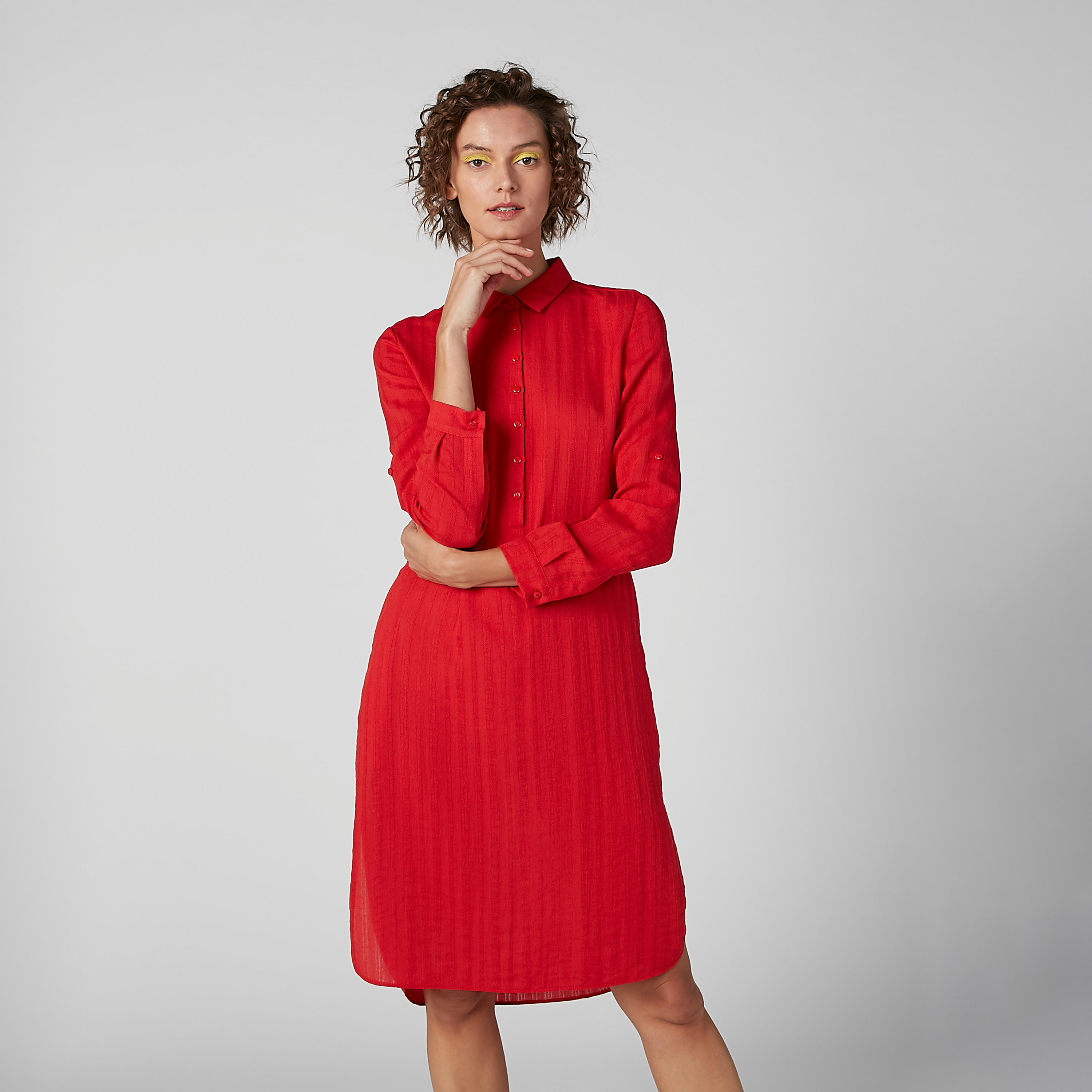فستان قميص بارز الملمس بأكمام طويلة وحوّاف غير مستوية-women-clothing-dresses-image-1