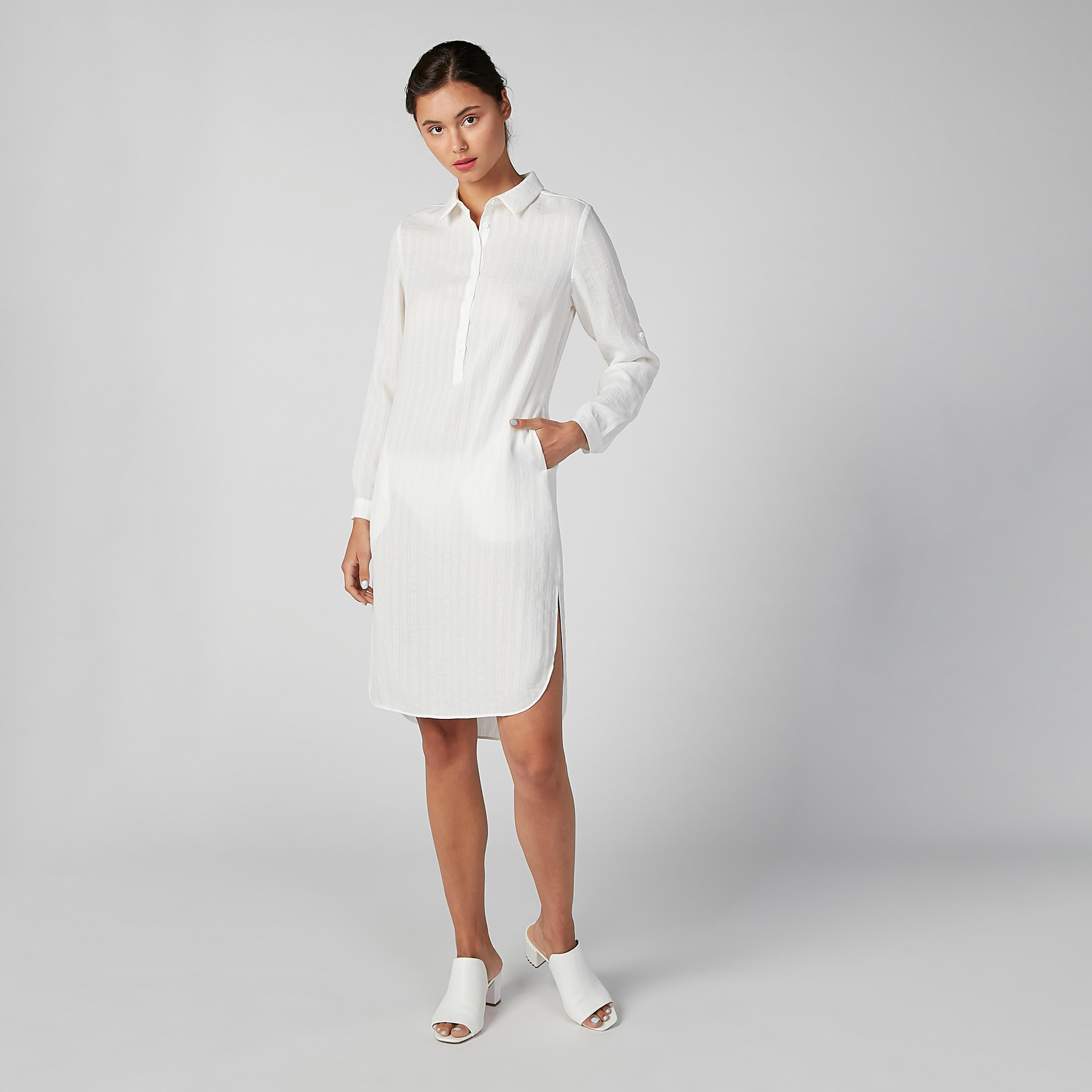 فستان قميص سادة متوسط الطول بأكمام طويلة وأزرار-women-clothing-dresses-image-1