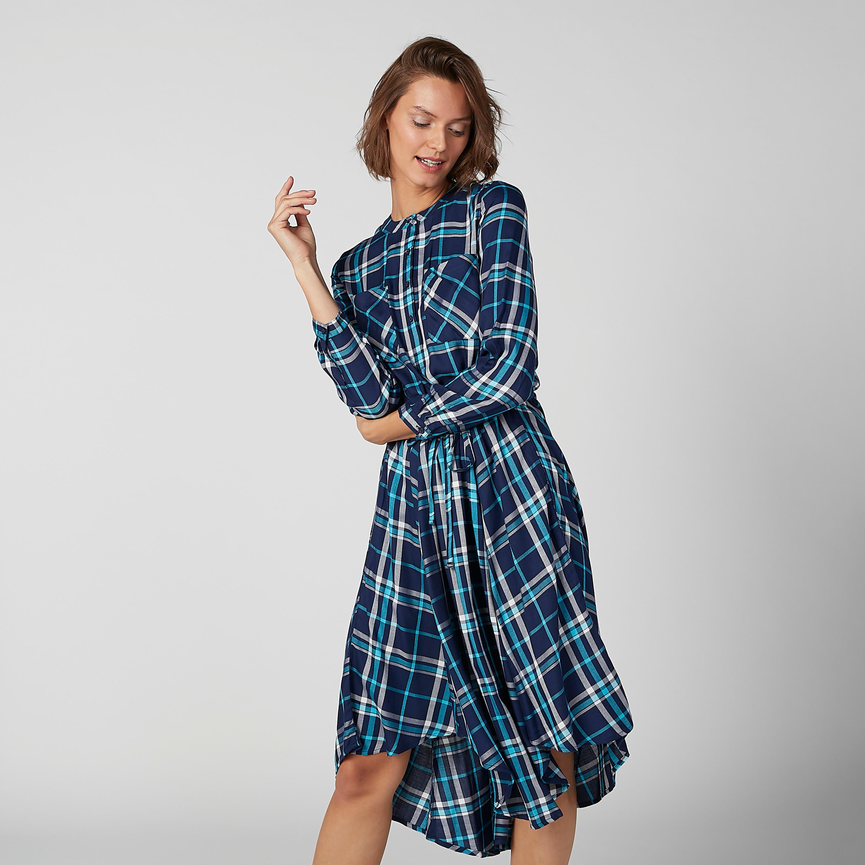 Chequered Midi Dress with Asymmetric Hem-women-clothing-dresses-image-2