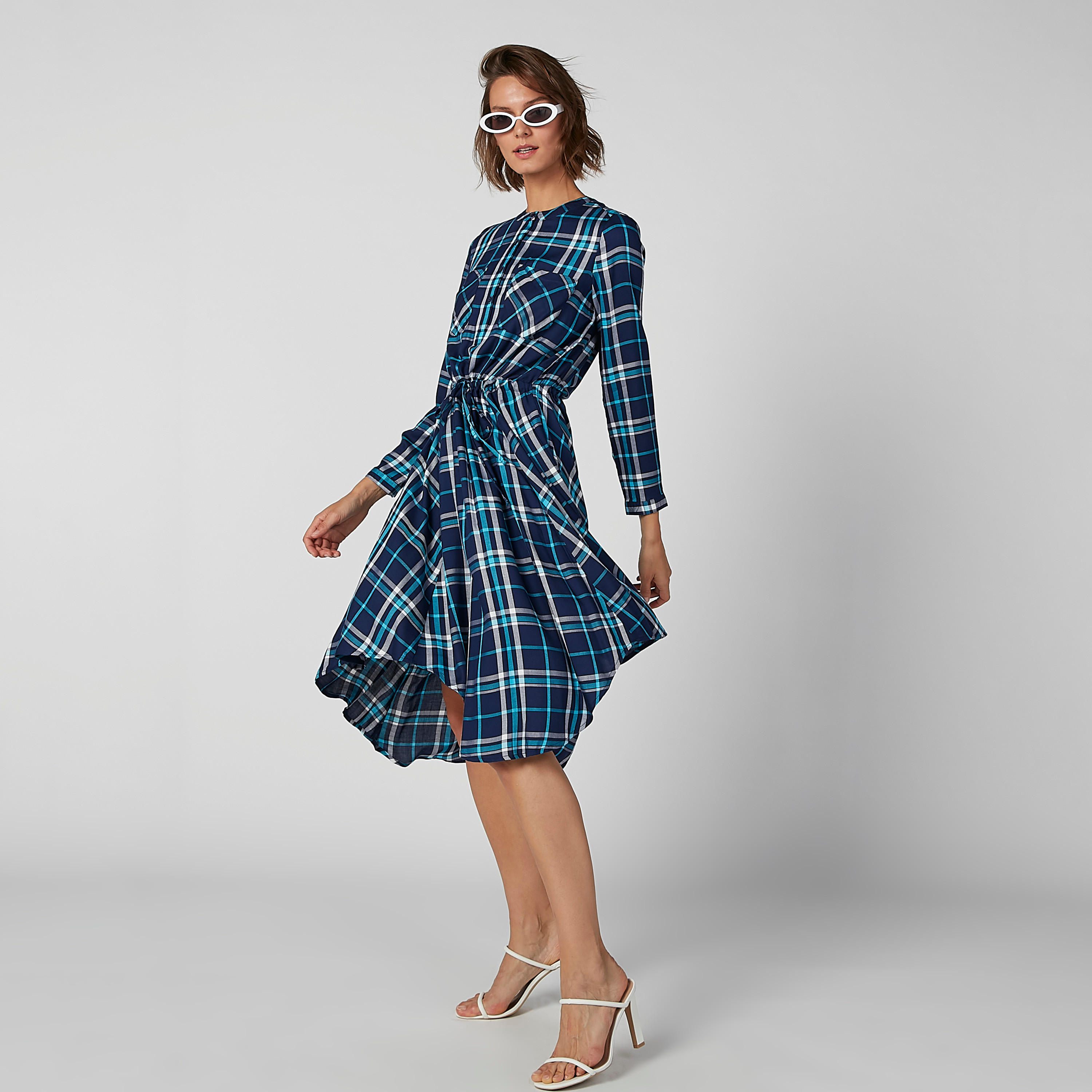 Chequered Midi Dress with Asymmetric Hem-women-clothing-dresses-image-1