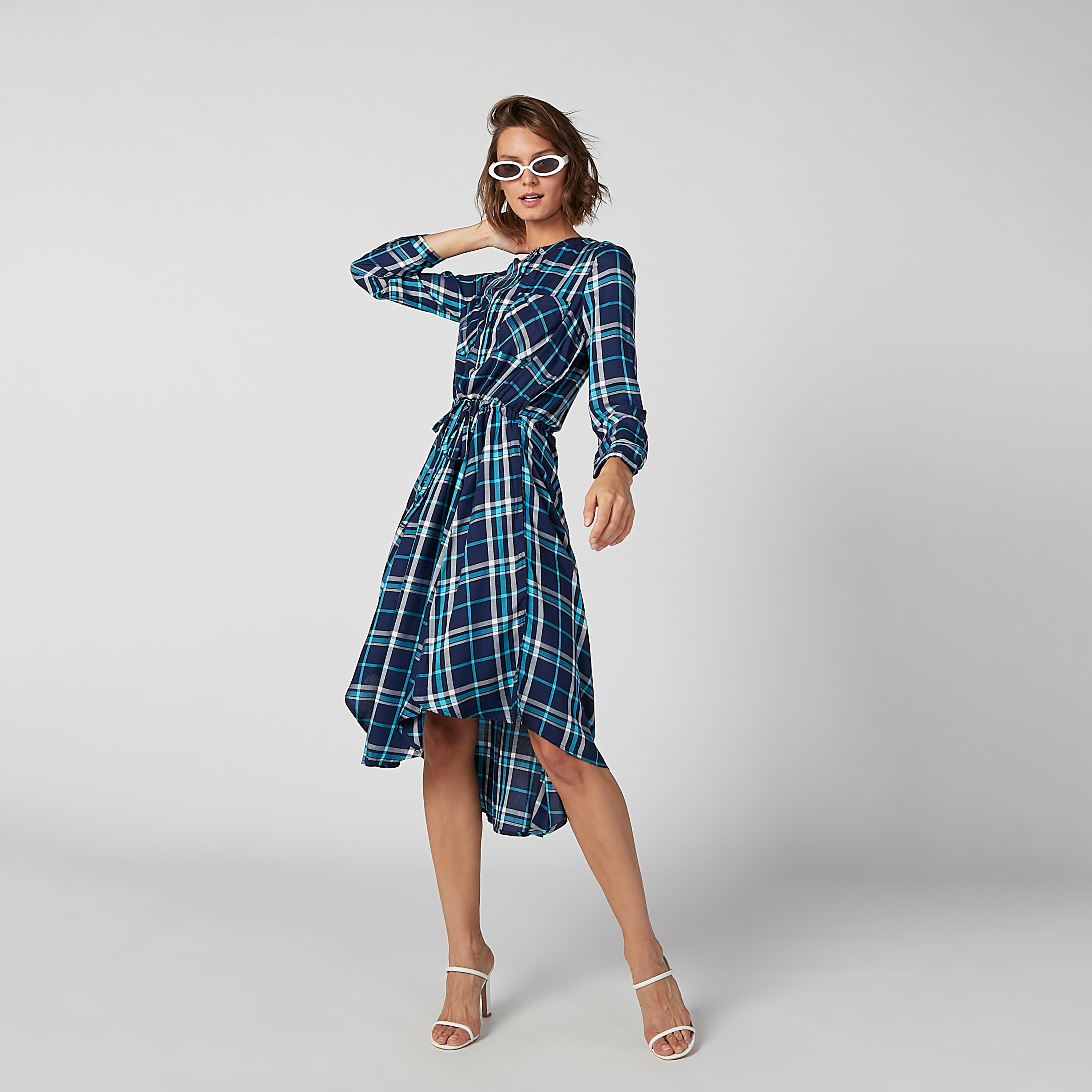 Chequered Midi Dress with Asymmetric Hem-women-clothing-dresses-image-5