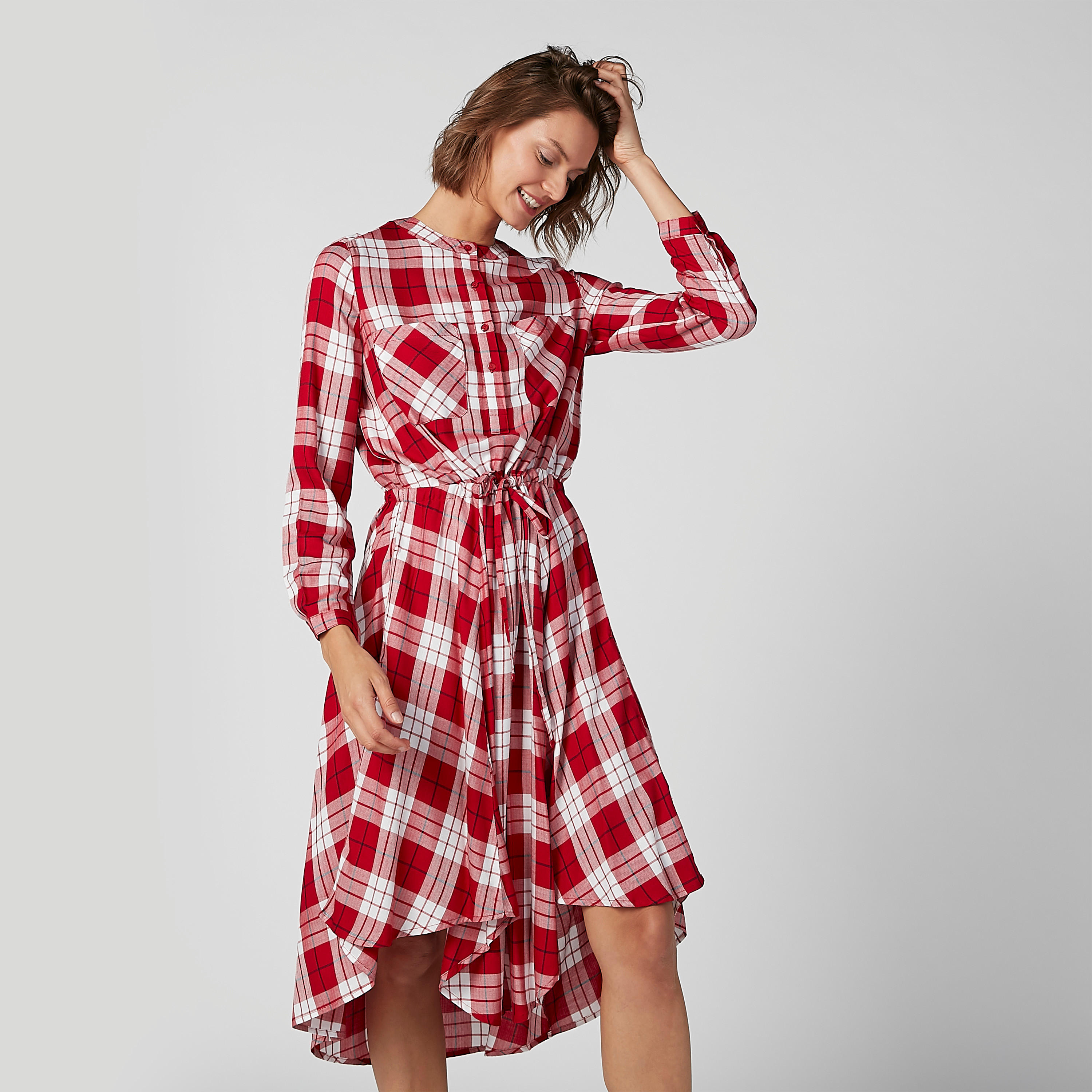 فستان كاروهات متوسط الطول بحوّاف غير مستوية-women-clothing-dresses-image-2