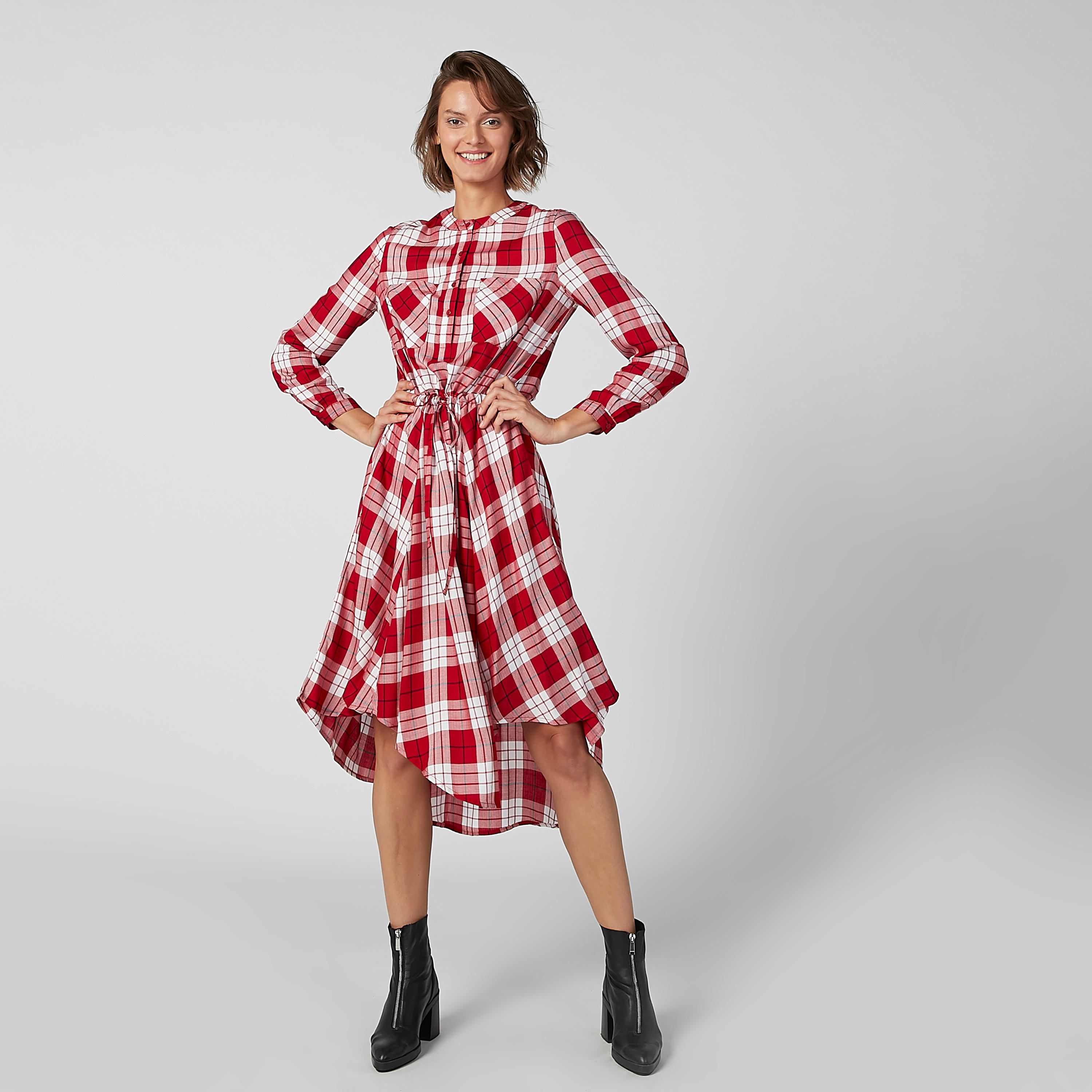 فستان كاروهات متوسط الطول بحوّاف غير مستوية-women-clothing-dresses-image-3