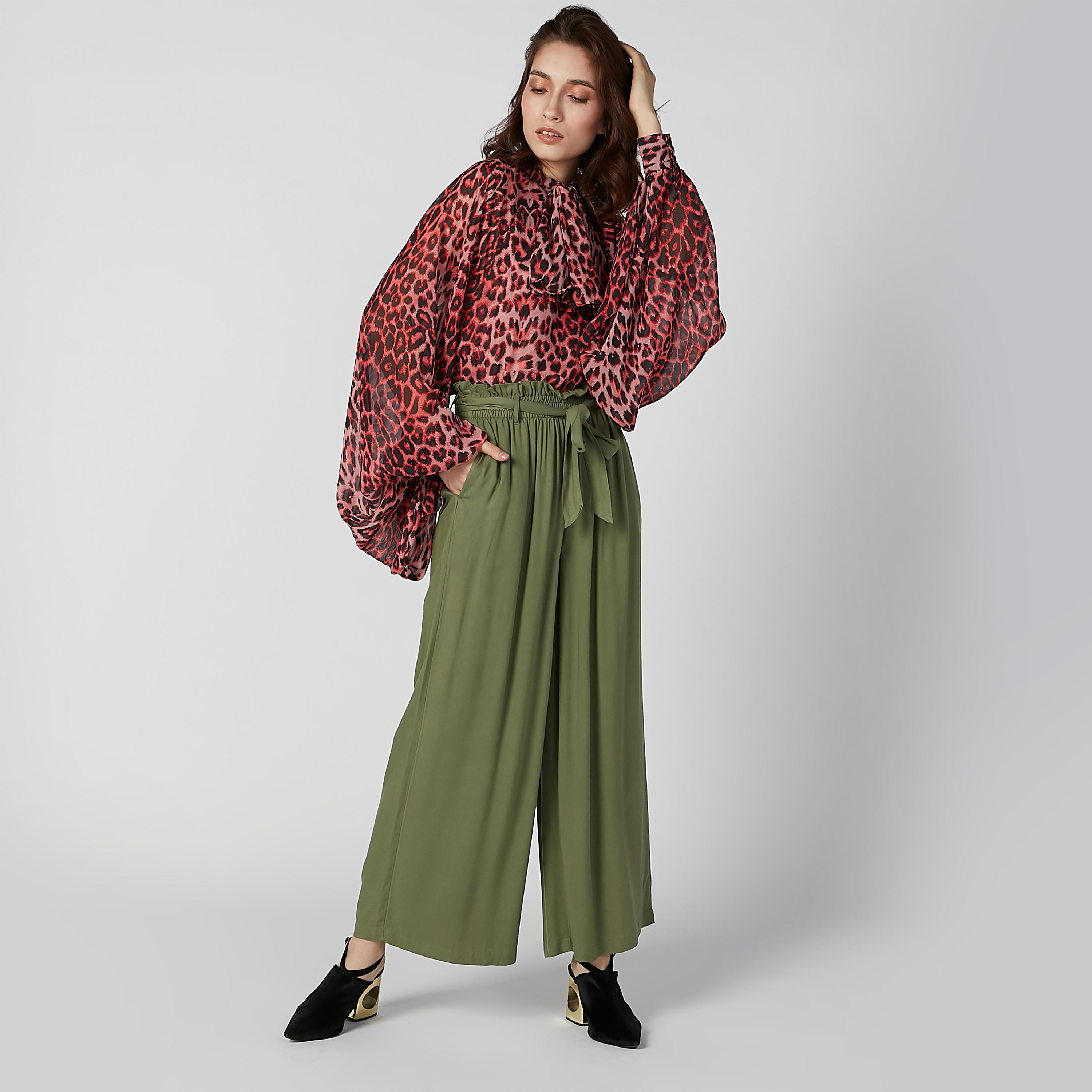 بنطلون بالازو مستدام سادة بخصر مرن وأربطة-women-clothing-bottoms-trousers-image-1