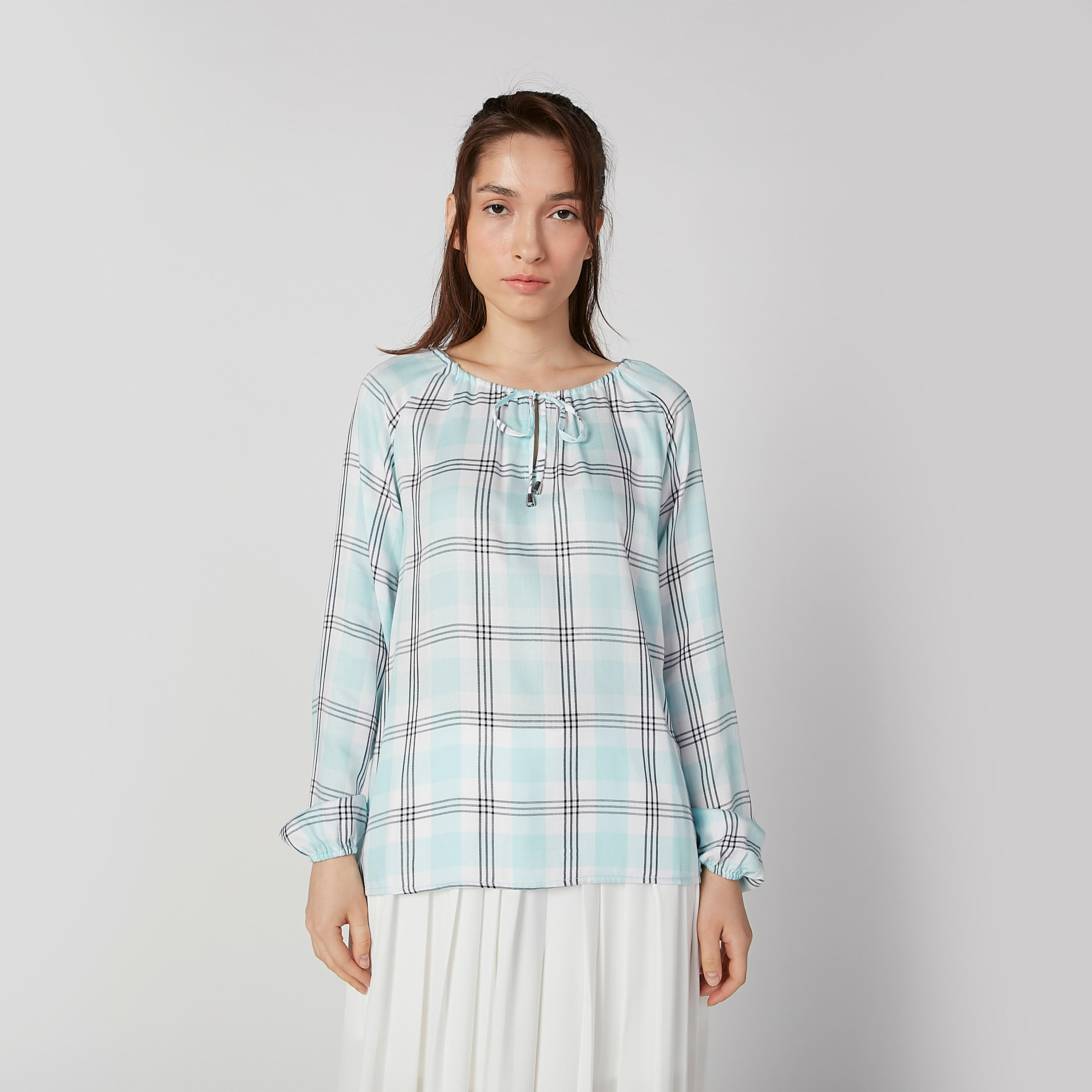 بلوزة كاروهات بياقة قارب وأربطة-women-clothing-shirtsandblouses-blouses-image-2