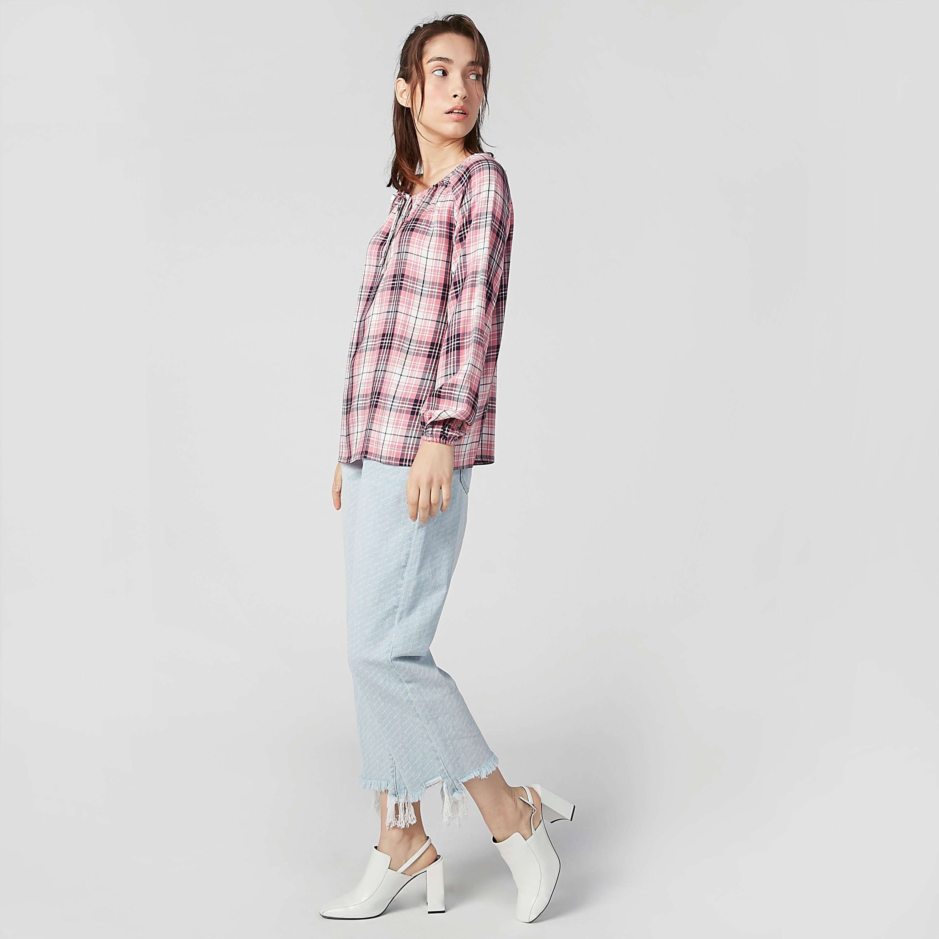 بلوزة كاروهات بياقة مستديرة وأكمام طويلة-women-clothing-shirtsandblouses-blouses-image-5