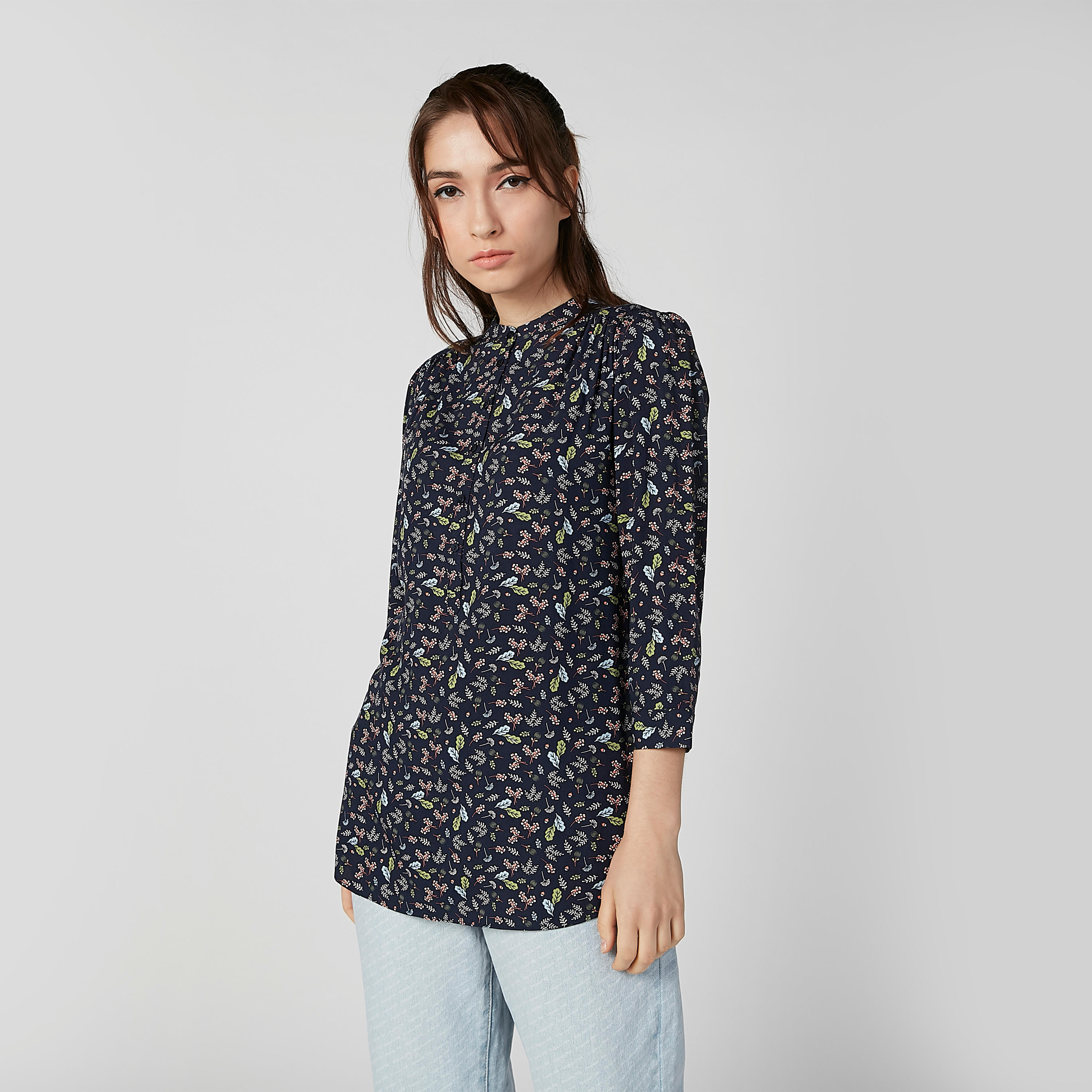 Printed Top with Mandarin Collar and 3/4 Sleeves-women-clothing-shirtsandblouses-blouses-image-1