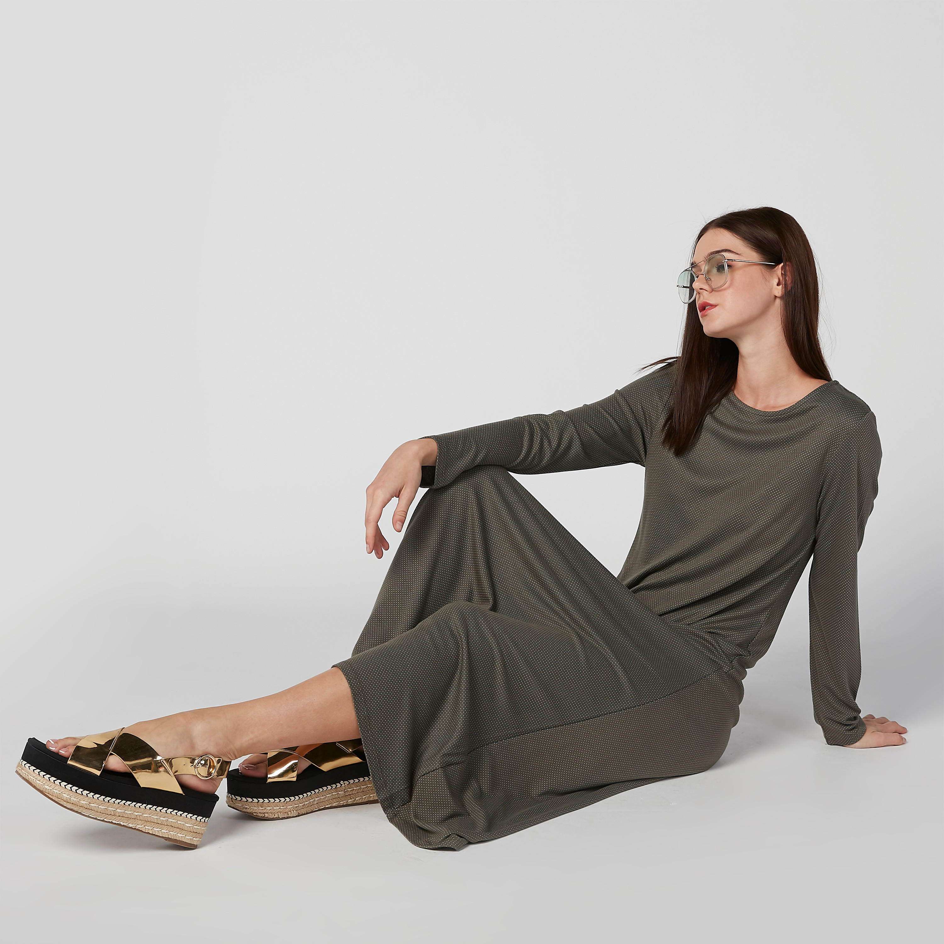 فستان إيه لاين مستدام طويل بارز الملمس بياقة مستديرة -women-clothing-dresses-image-1